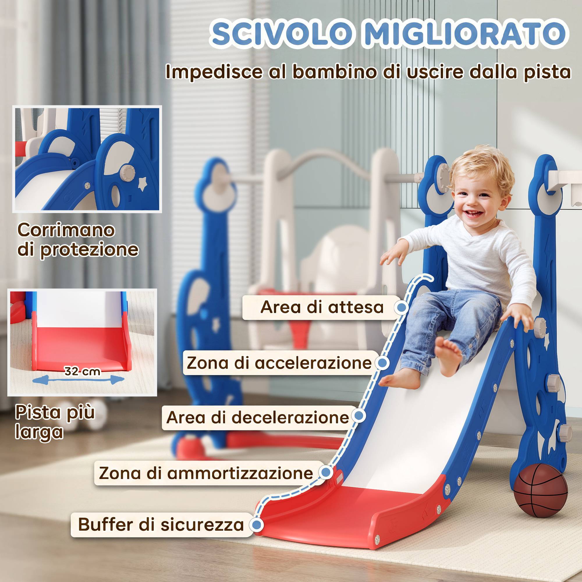 Toboggan enfant 4-en-1 avec balançoire, échelle d’escalade et panier de basket, pour 18 à 48 mois, bleu foncé, jeu ludique et sécurisé - Image 5