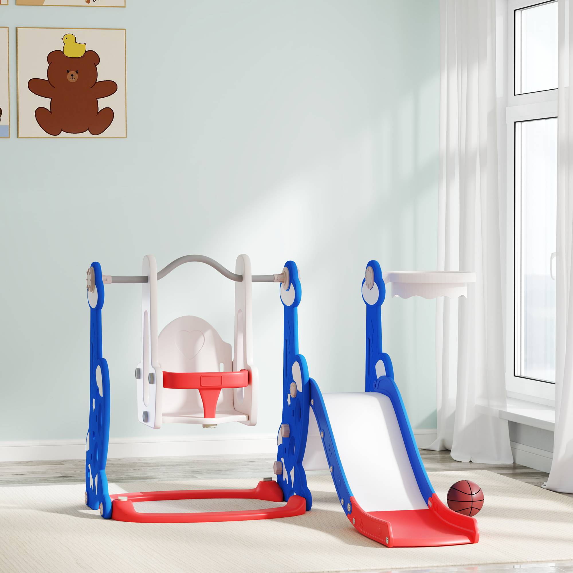 Toboggan enfant 4-en-1 avec balançoire, échelle d’escalade et panier de basket, pour 18 à 48 mois, bleu foncé, jeu ludique et sécurisé - Image 2