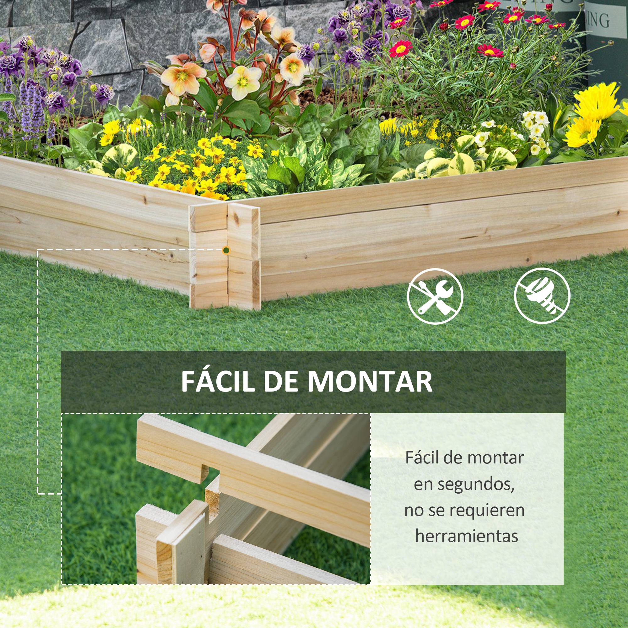 Jardinière Carrée en Bois 100 x 100 x 16 cm, Bac de Jardin Urbain pour Plantes, Fleurs et Herbes Aromatiques, Terrasse, Naturel - Image 7