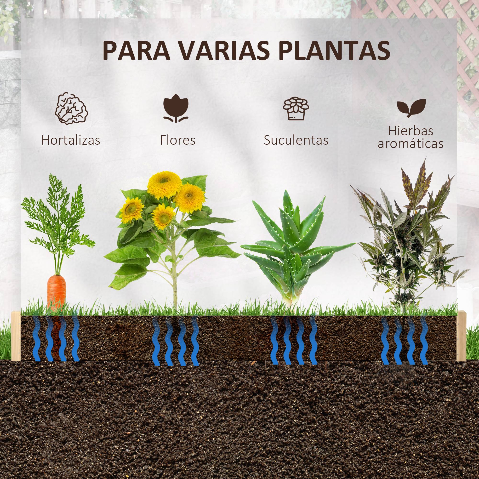 Jardinière Carrée en Bois 100 x 100 x 16 cm, Bac de Jardin Urbain pour Plantes, Fleurs et Herbes Aromatiques, Terrasse, Naturel - Image 8