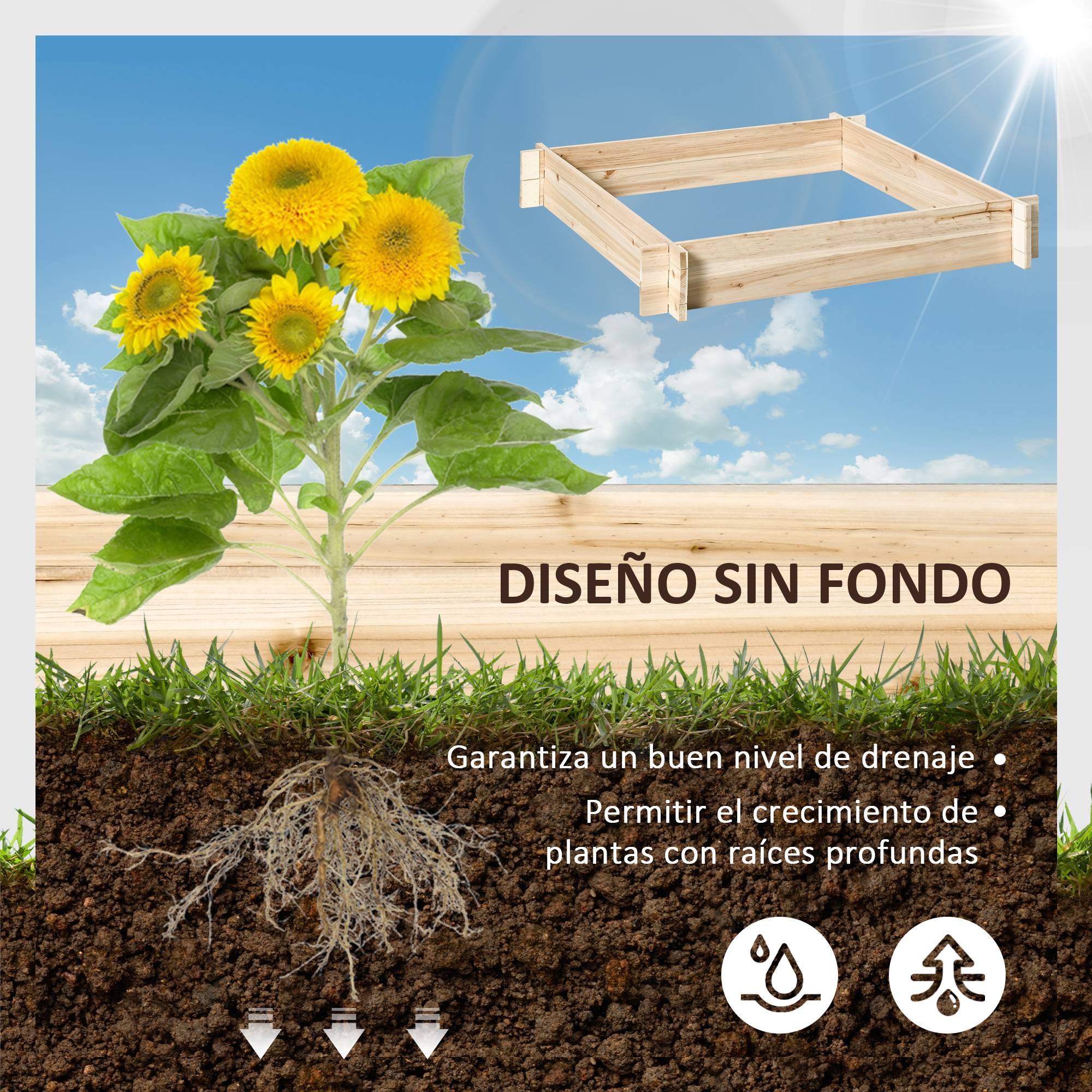 Jardinière Carrée en Bois 100 x 100 x 16 cm, Bac de Jardin Urbain pour Plantes, Fleurs et Herbes Aromatiques, Terrasse, Naturel - Image 6