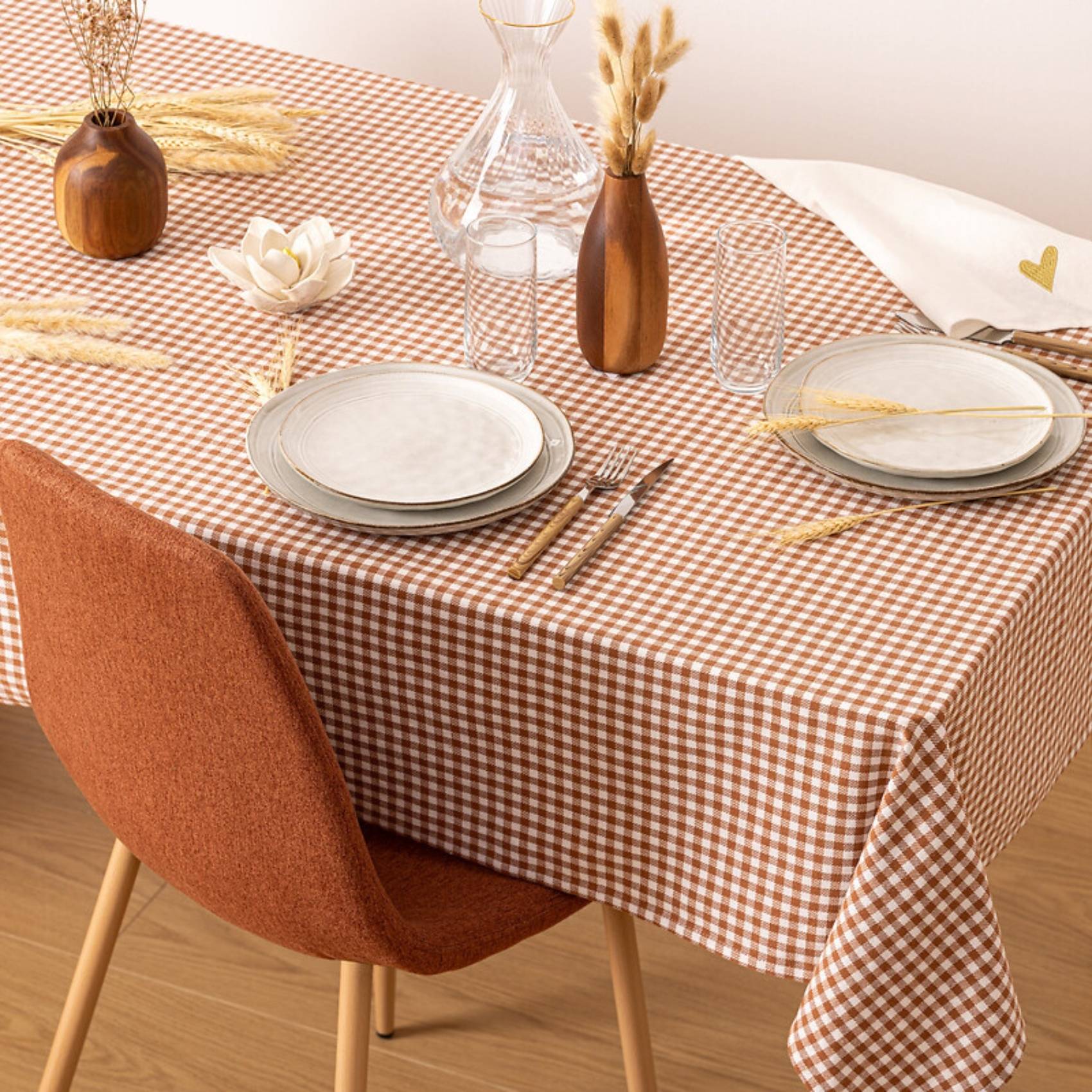 Nappe en coton Vichy Ivoire et Terracotta 150 x 250 cm - Imagen 3