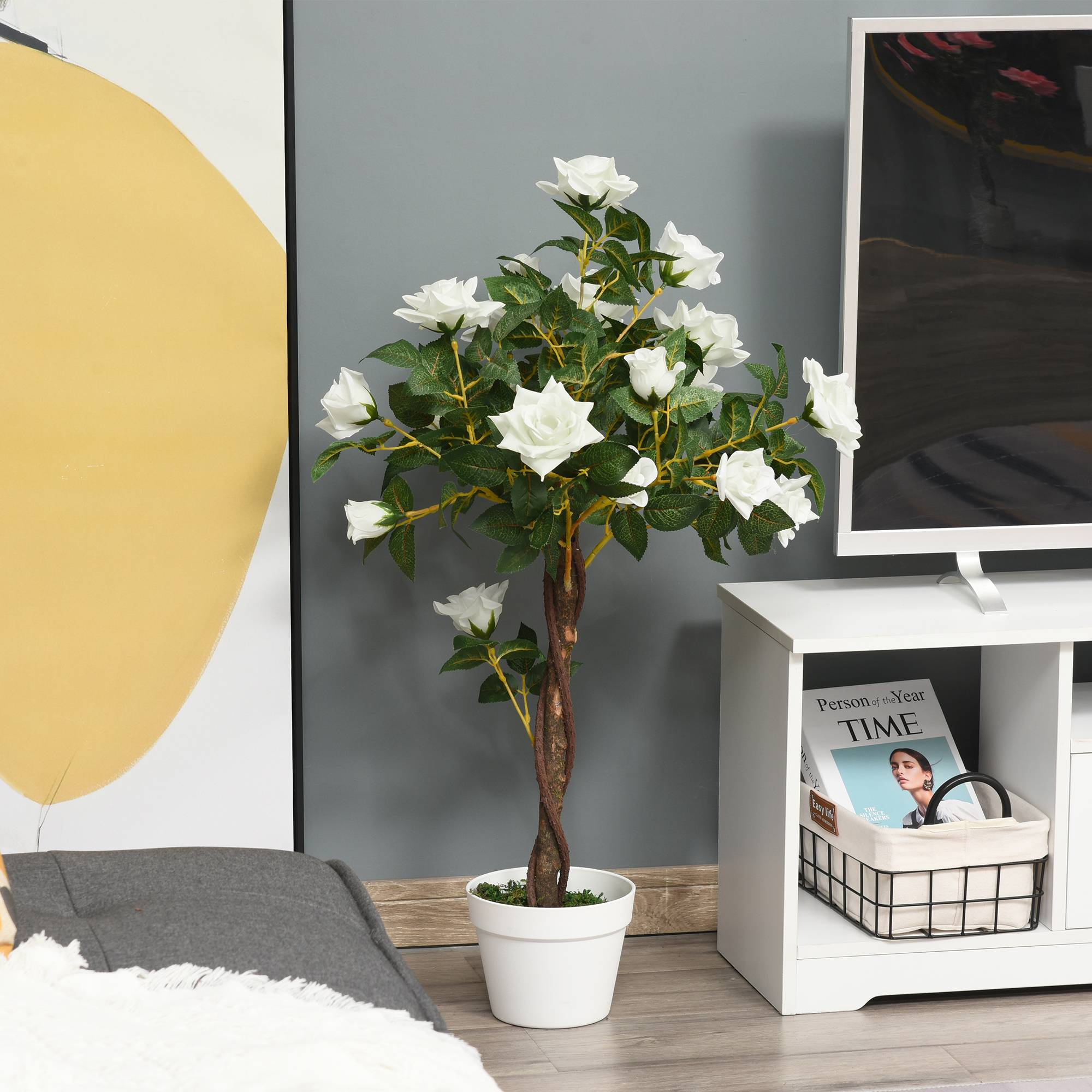 Rosier artificiel à 21 fleurs avec pot rempli de ciment et de mousse, plante artificielle anti-UV en plastique et tissu, Ø18 x 90 cm, blanc et vert - Image 2