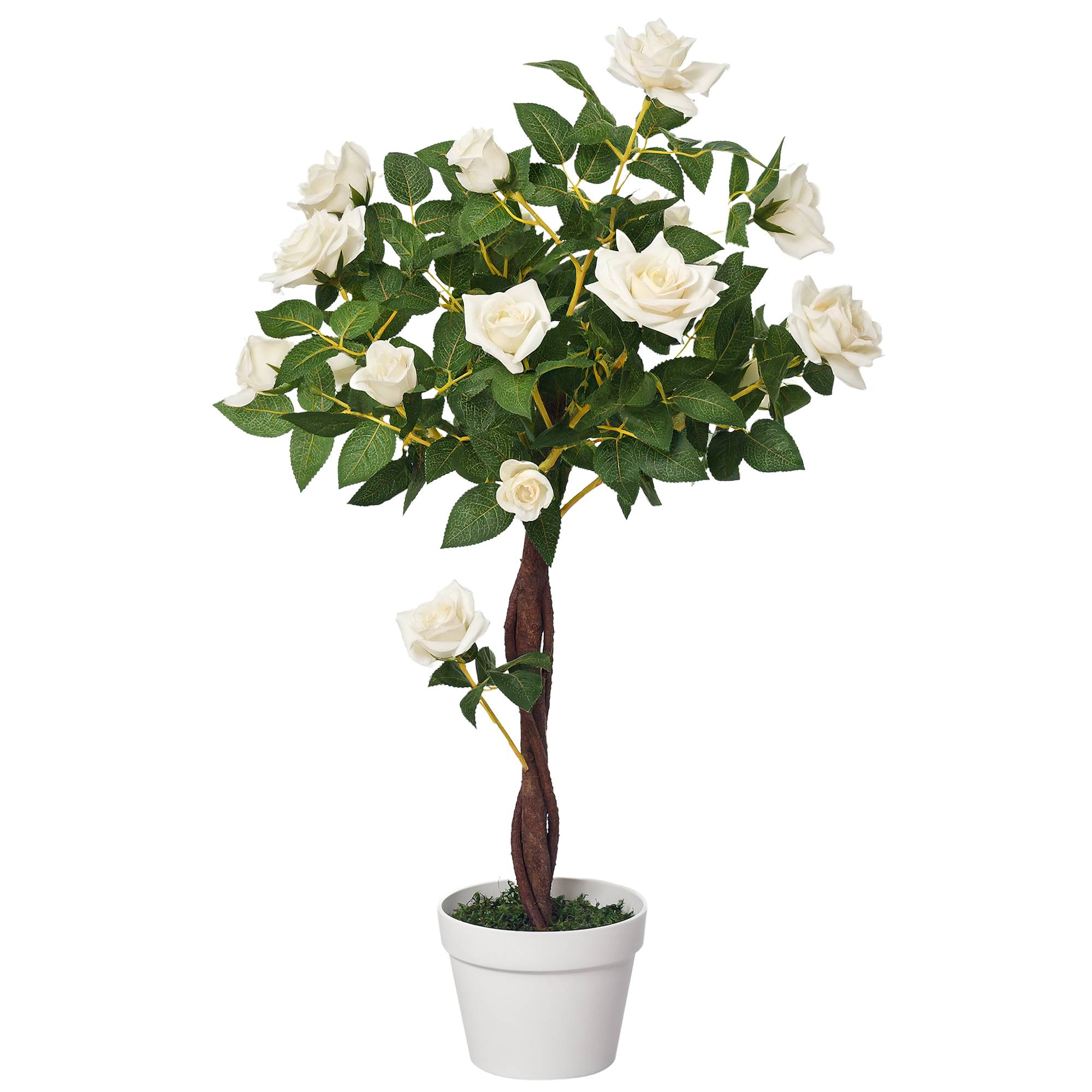 Rosier artificiel à 21 fleurs avec pot rempli de ciment et de mousse, plante artificielle anti-UV en plastique et tissu, Ø18 x 90 cm, blanc et vert - Image 1