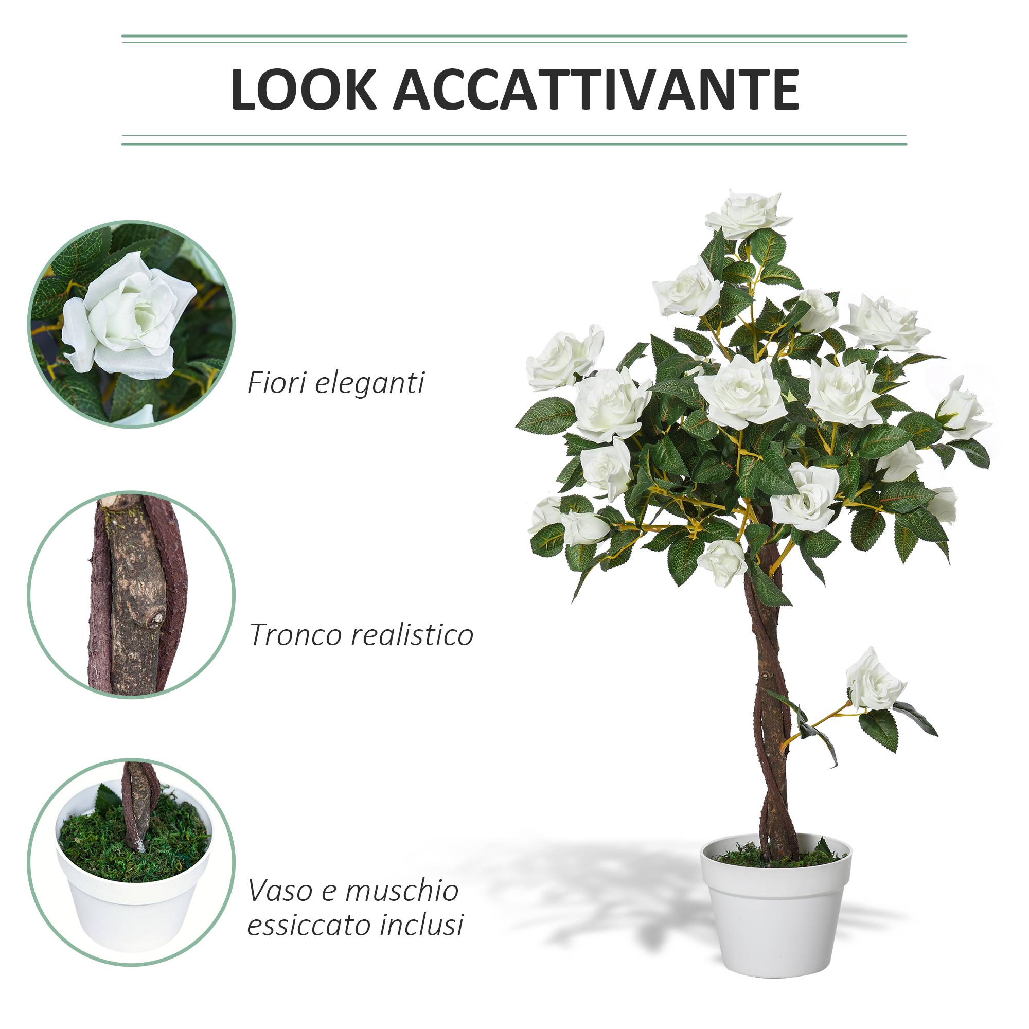 Rosier artificiel à 21 fleurs avec pot rempli de ciment et de mousse, plante artificielle anti-UV en plastique et tissu, Ø18 x 90 cm, blanc et vert - Image 5