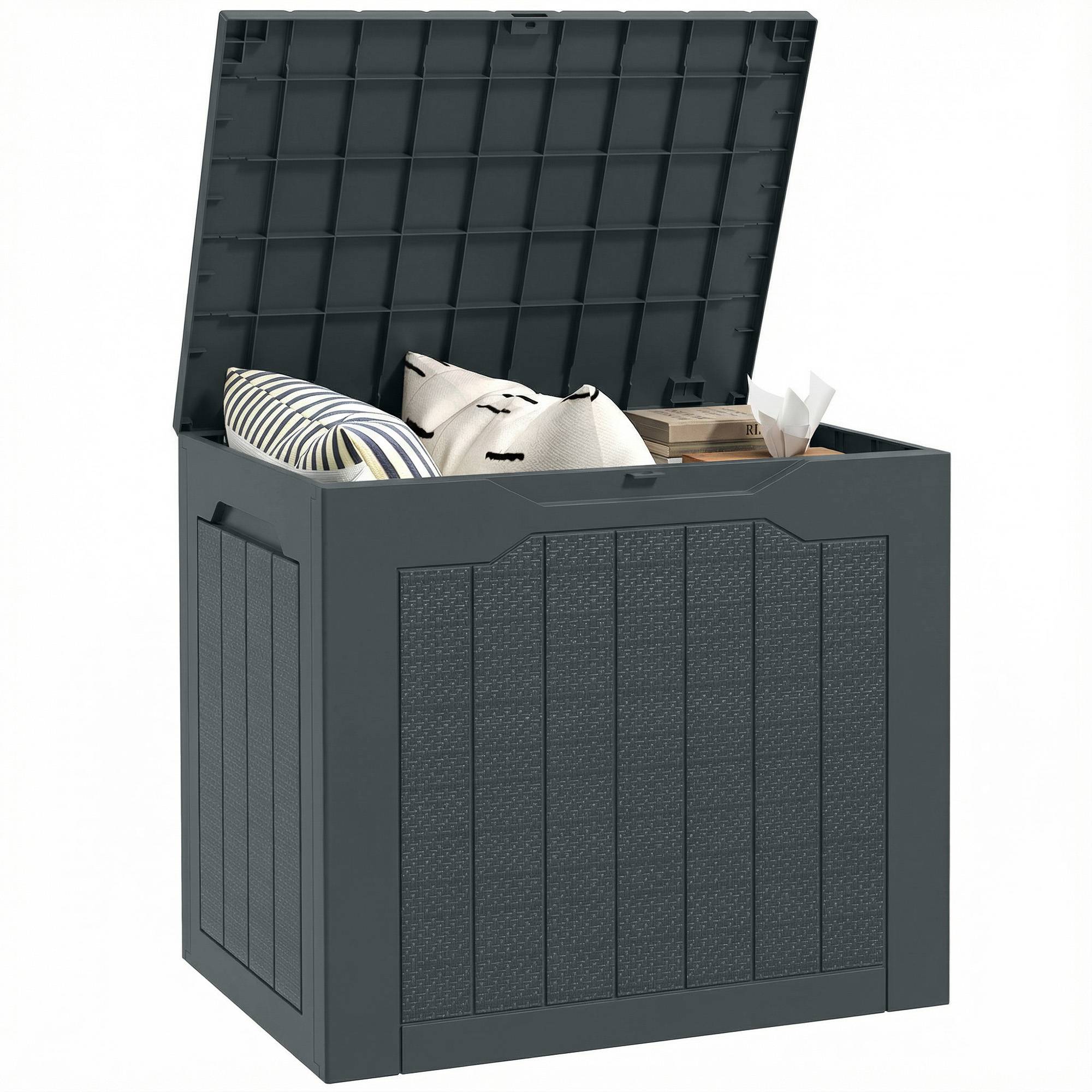 Coffre de rangement extérieur 97L avec poignées encastrées, malle de rangement extérieur étanche 56x41x50cm, gris foncé