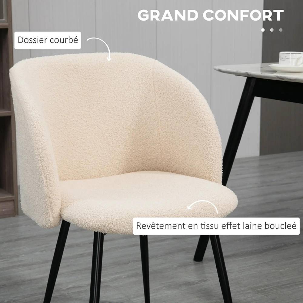 KOMHTOM - Lot de 2 chaises de salle à manger avec dossier en tissu effet laine boucleé pieds en acier 55 x 62 x 80 cm beige noir - Image 2