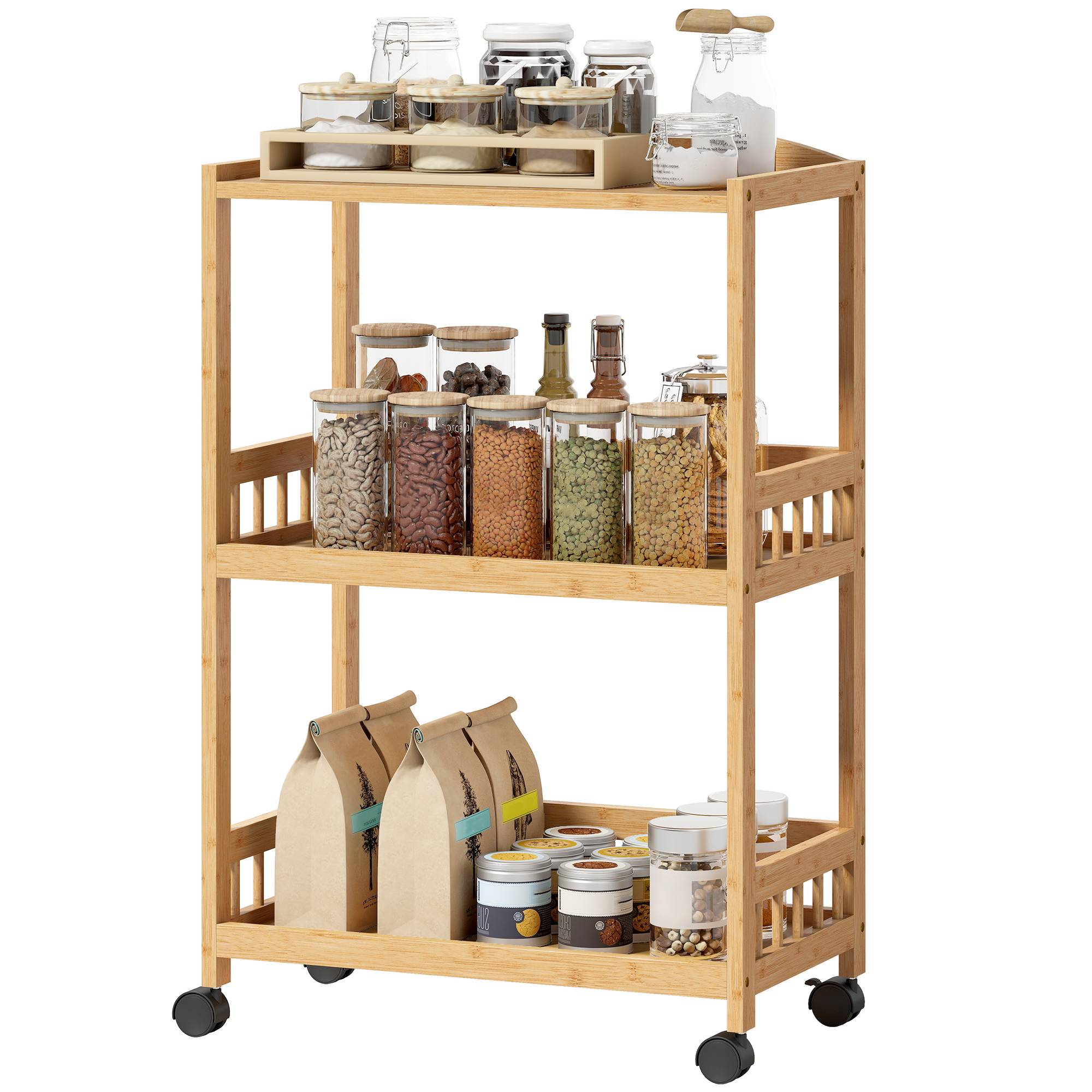 Sans Marque - Chariot cuisine 3 niveaux desserte roulettes bambou chambre salon bureau 53x30,5x83cm bois naturel - Image 2
