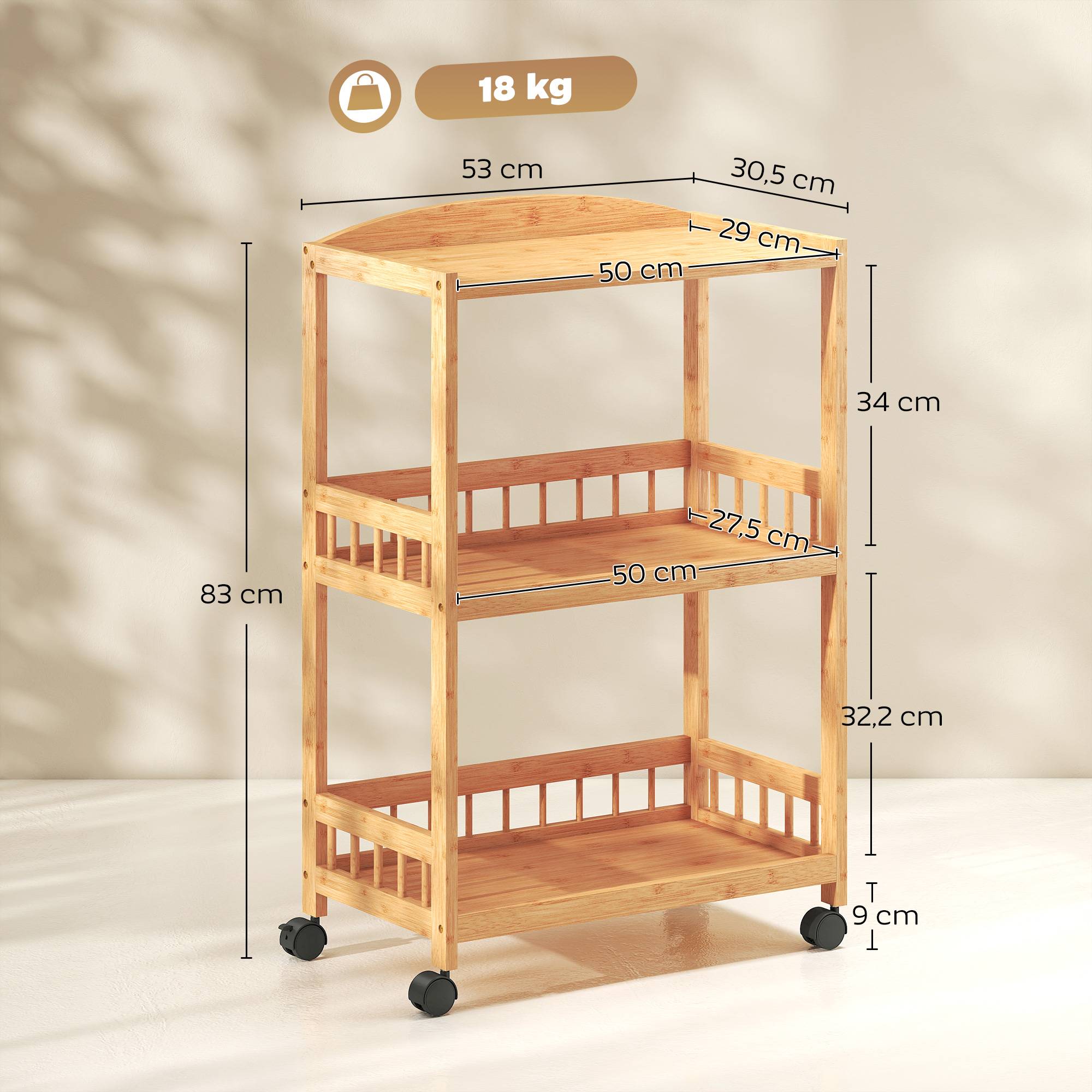 Sans Marque - Chariot cuisine 3 niveaux desserte roulettes bambou chambre salon bureau 53x30,5x83cm bois naturel - Image 5