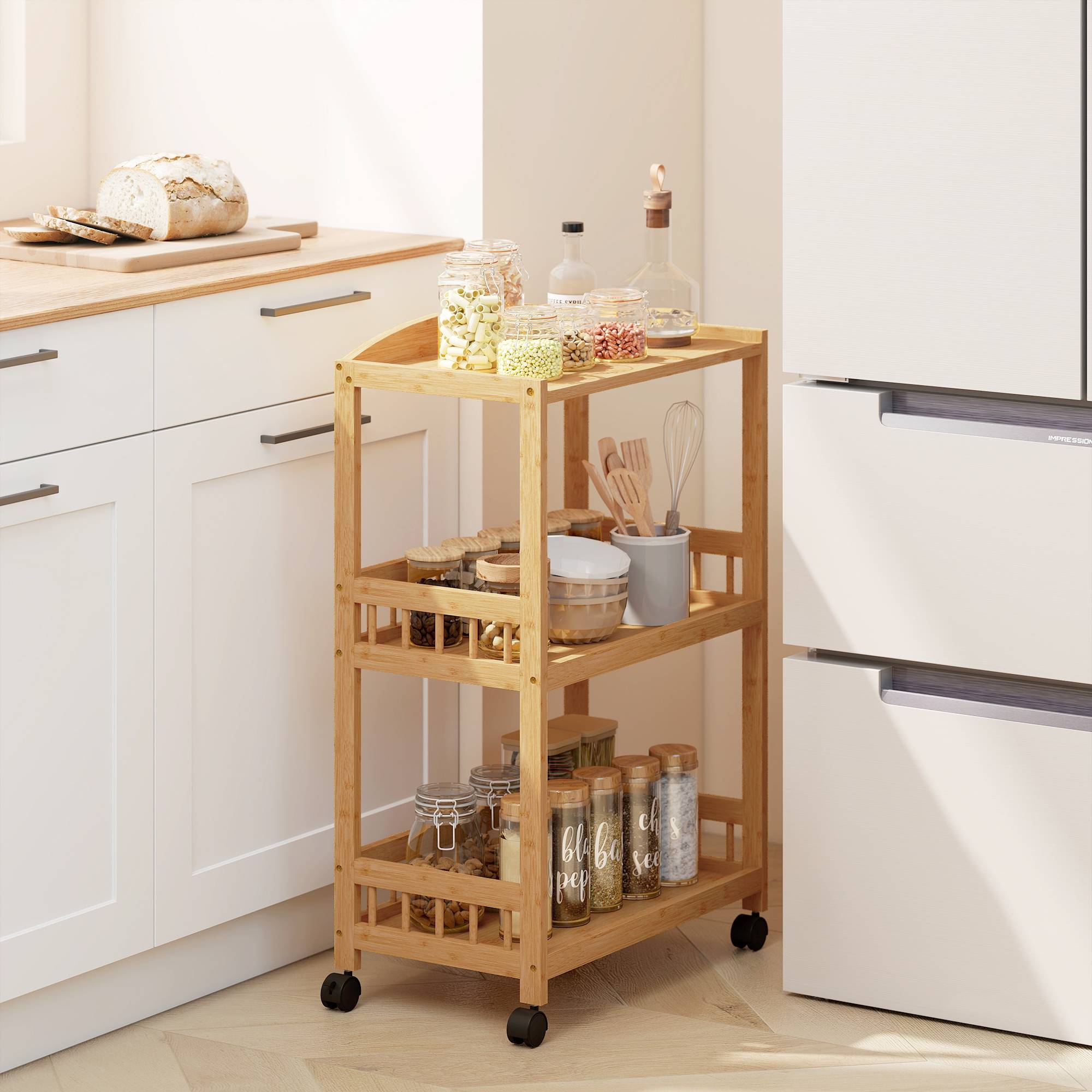 Sans Marque - Chariot cuisine 3 niveaux desserte roulettes bambou chambre salon bureau 53x30,5x83cm bois naturel - Image 3