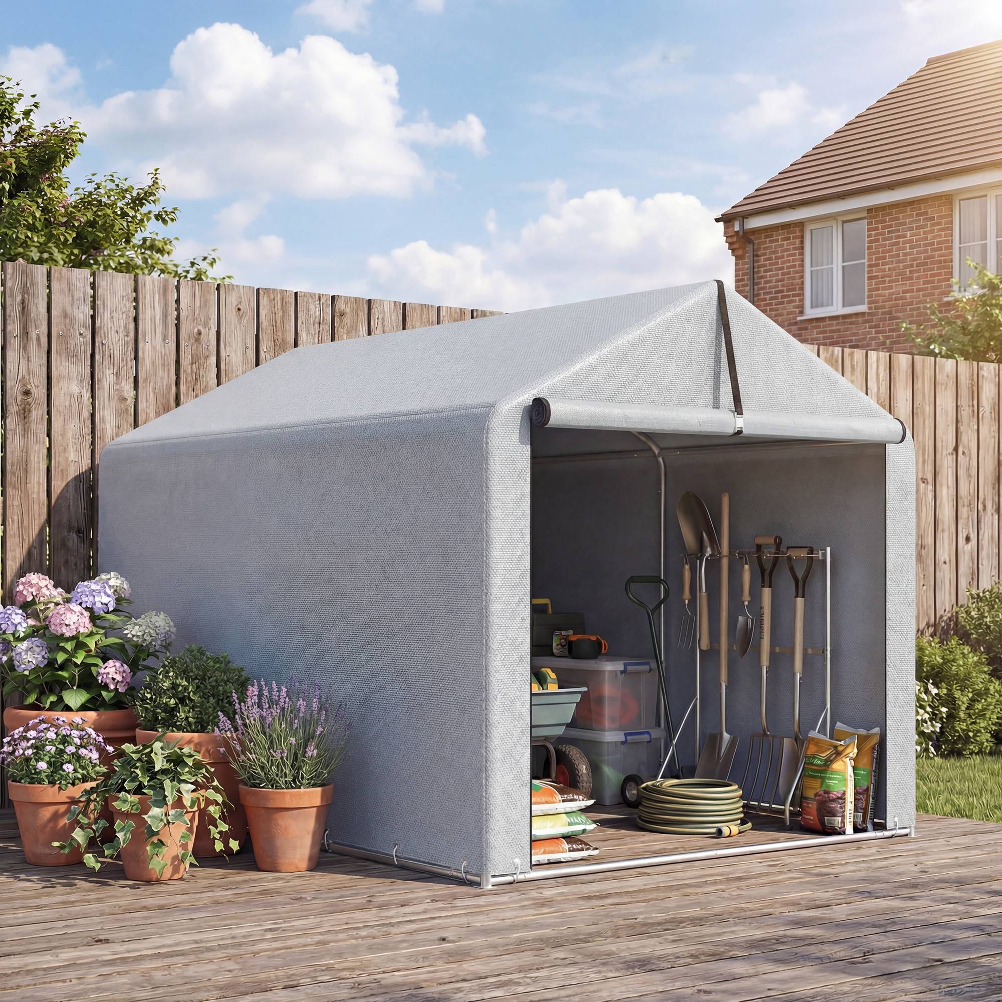 Tente garage 2,2x1,6m étanche outillage porte rouleau toit double pente cadre acier UV gris clair - Image 9