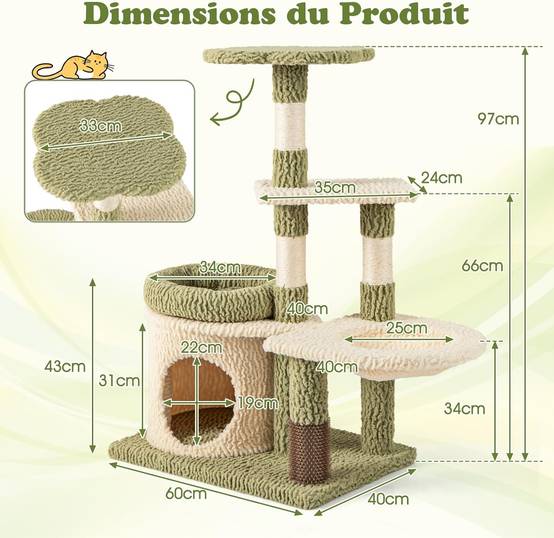 COSTWAY Arbre à Chat 97 cm, 3 Griffoirs pour Chat, Brosse d'Toilettage, Arbre a Chat Cactus et Bois, 3 Plateformes, Condo, Panier, 60 x 40 x 97 cm - Image 9