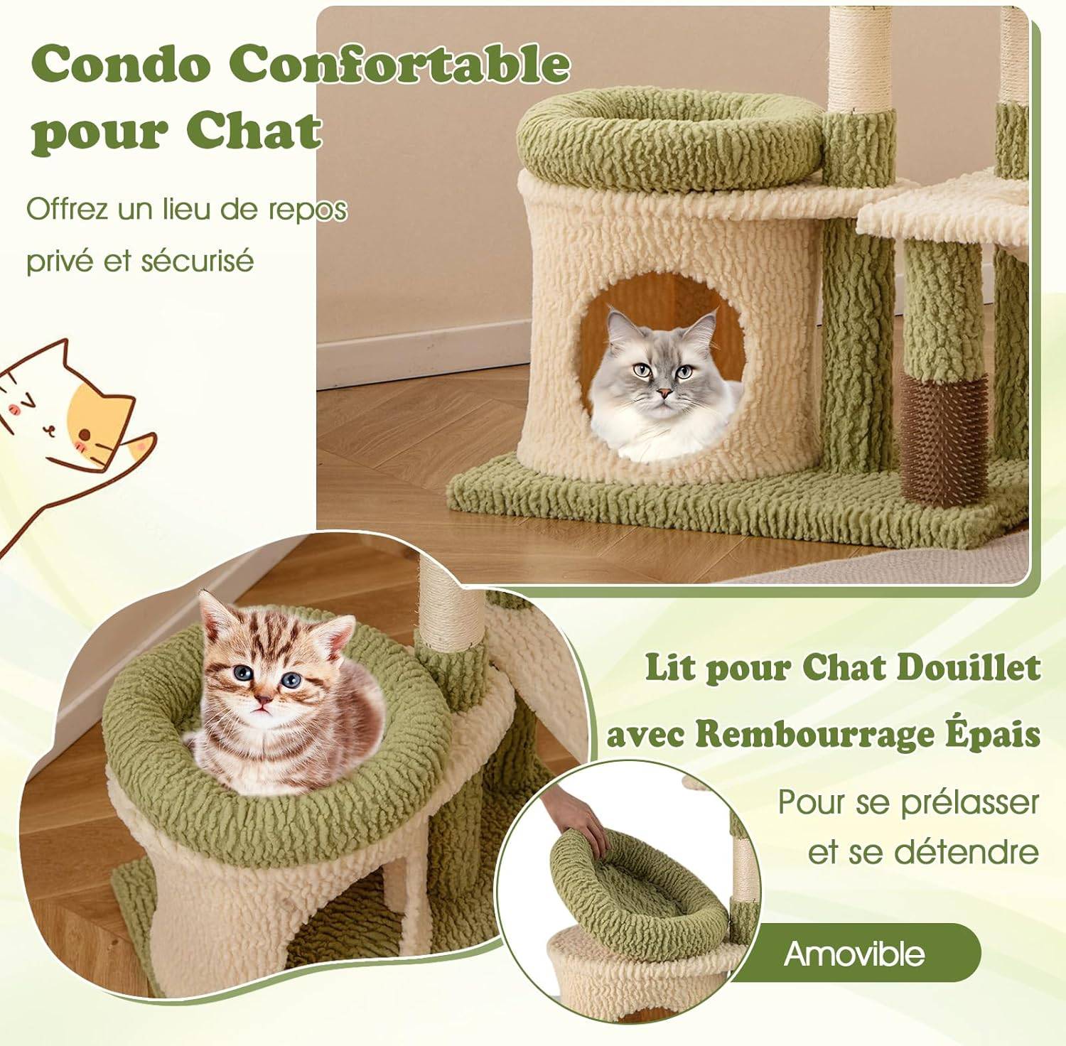 COSTWAY Arbre à Chat 97 cm, 3 Griffoirs pour Chat, Brosse d'Toilettage, Arbre a Chat Cactus et Bois, 3 Plateformes, Condo, Panier, 60 x 40 x 97 cm - Image 4
