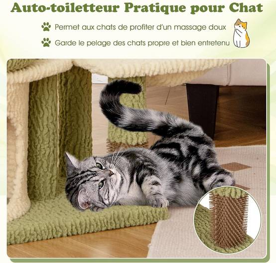 COSTWAY Arbre à Chat 97 cm, 3 Griffoirs pour Chat, Brosse d'Toilettage, Arbre a Chat Cactus et Bois, 3 Plateformes, Condo, Panier, 60 x 40 x 97 cm - Image 5