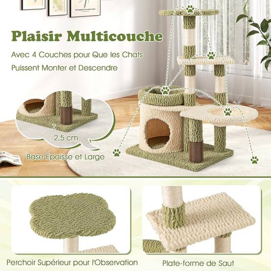 COSTWAY Arbre à Chat 97 cm, 3 Griffoirs pour Chat, Brosse d'Toilettage, Arbre a Chat Cactus et Bois, 3 Plateformes, Condo, Panier, 60 x 40 x 97 cm - Image 8