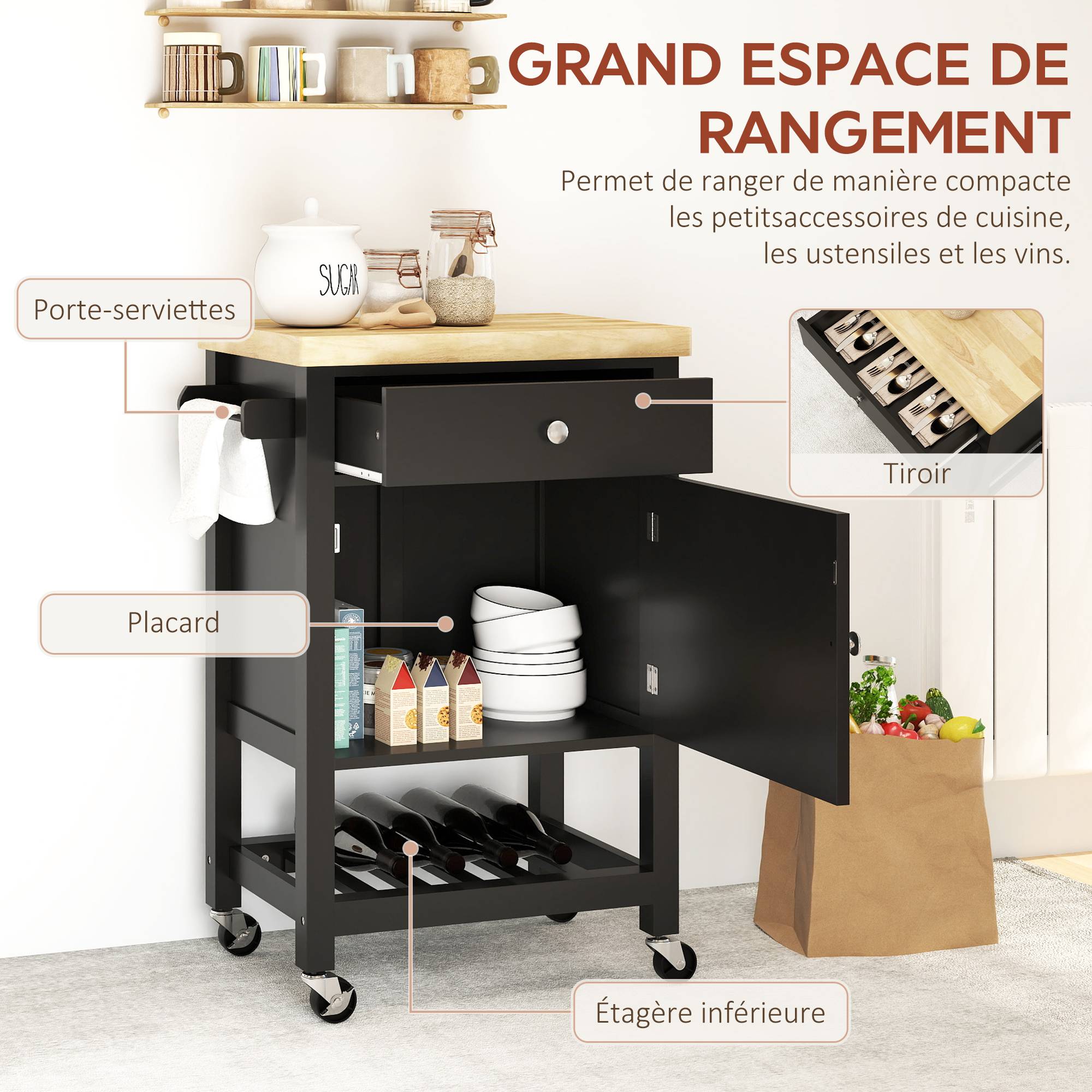 Desserte de cuisine à roulettes, chariot de service, plan de travail en bois d'hévéa, tiroir, 63,5 x 40 x 90 cm, noir - Image 6