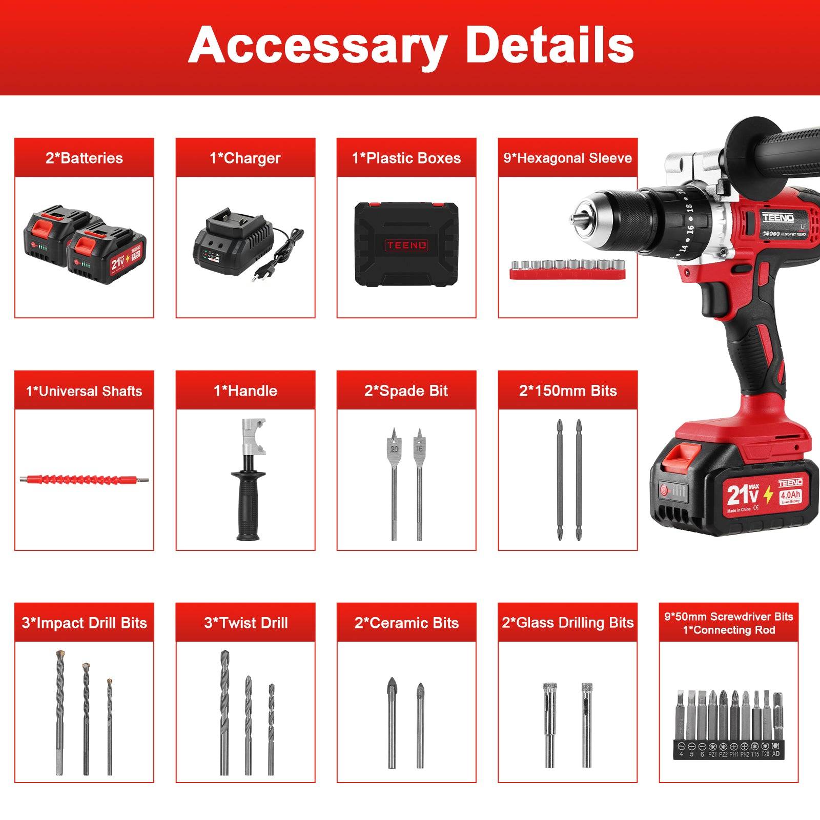 Teeno - 90Nm Perceuse Visseuse Sans Fil 21V Pour Batterie Makita 2 Batteries 4.0Ah, 39 Accessoires et Valise,20+3 RéGlages de Couple,13mm Mandrin,2 - Image 2