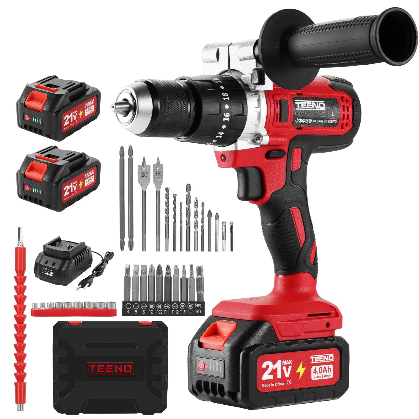Teeno - 90Nm Perceuse Visseuse Sans Fil 21V Pour Batterie Makita 2 Batteries 4.0Ah, 39 Accessoires et Valise,20+3 RéGlages de Couple,13mm Mandrin,2 - Image 1