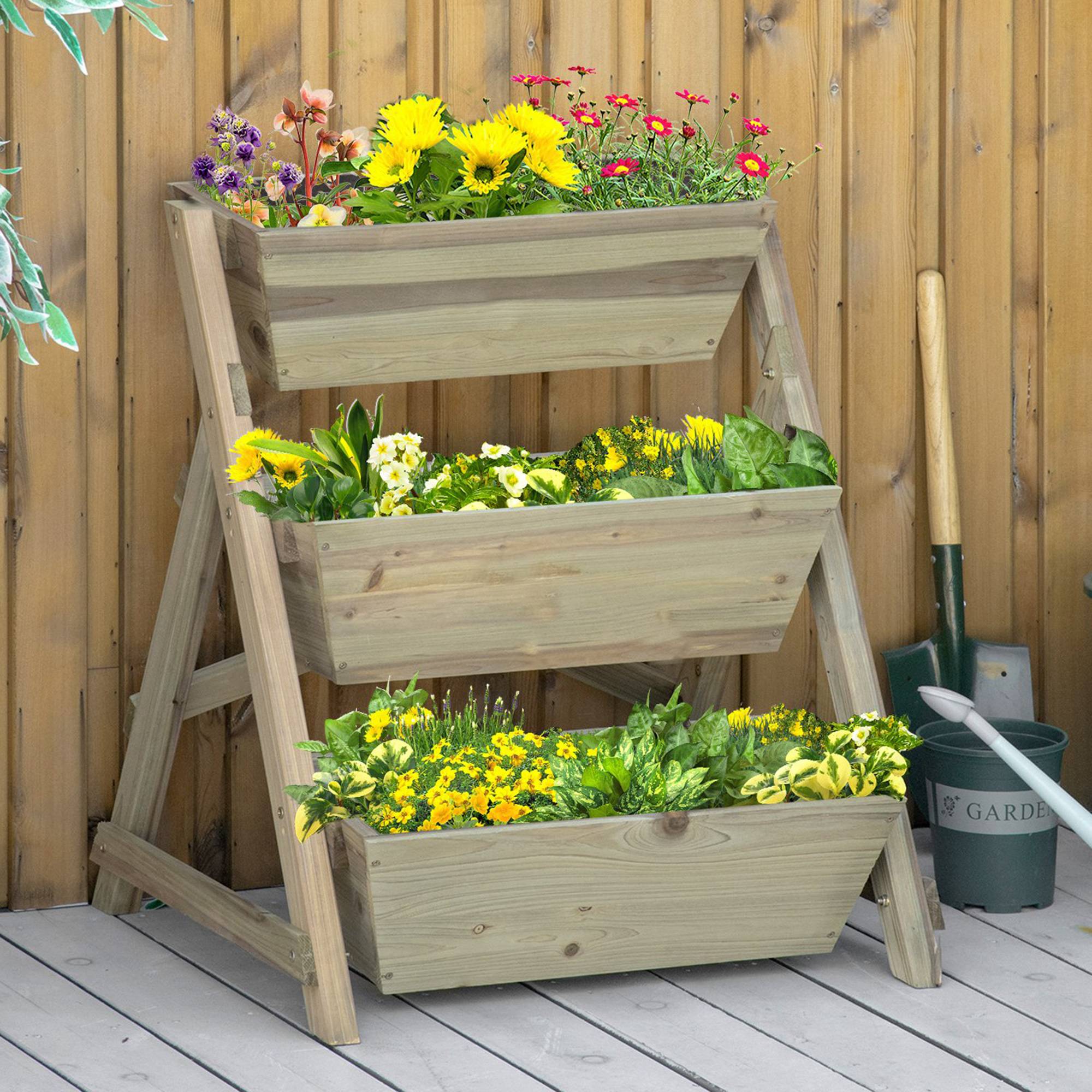 Jardinière Escalier 3 Niveaux en Bois pour Balcon et Terrasse Potager Vertical 71x61x77 cm Naturel - ComfortXL Outdoor Living - Image 4