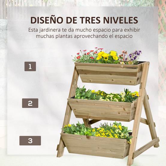 Jardinière Escalier 3 Niveaux en Bois pour Balcon et Terrasse Potager Vertical 71x61x77 cm Naturel - ComfortXL Outdoor Living - Image 6