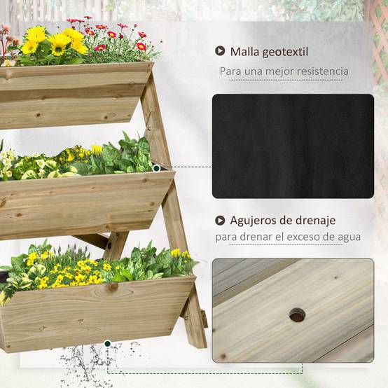Jardinière Escalier 3 Niveaux en Bois pour Balcon et Terrasse Potager Vertical 71x61x77 cm Naturel - ComfortXL Outdoor Living - Image 7