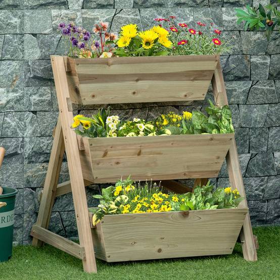 Jardinière Escalier 3 Niveaux en Bois pour Balcon et Terrasse Potager Vertical 71x61x77 cm Naturel - ComfortXL Outdoor Living - Image 3