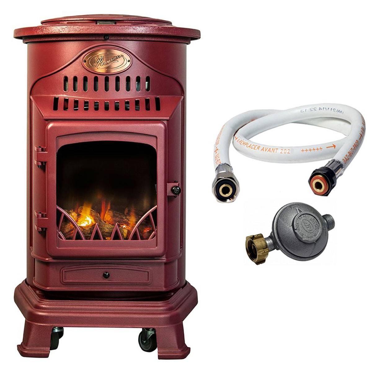 Universal - Poele à gaz 3,4 KW Rouge Effet poêle à bois Fonte véritable + Tuyau gaz + détendeur butane Provence Sahara - Imagen 1