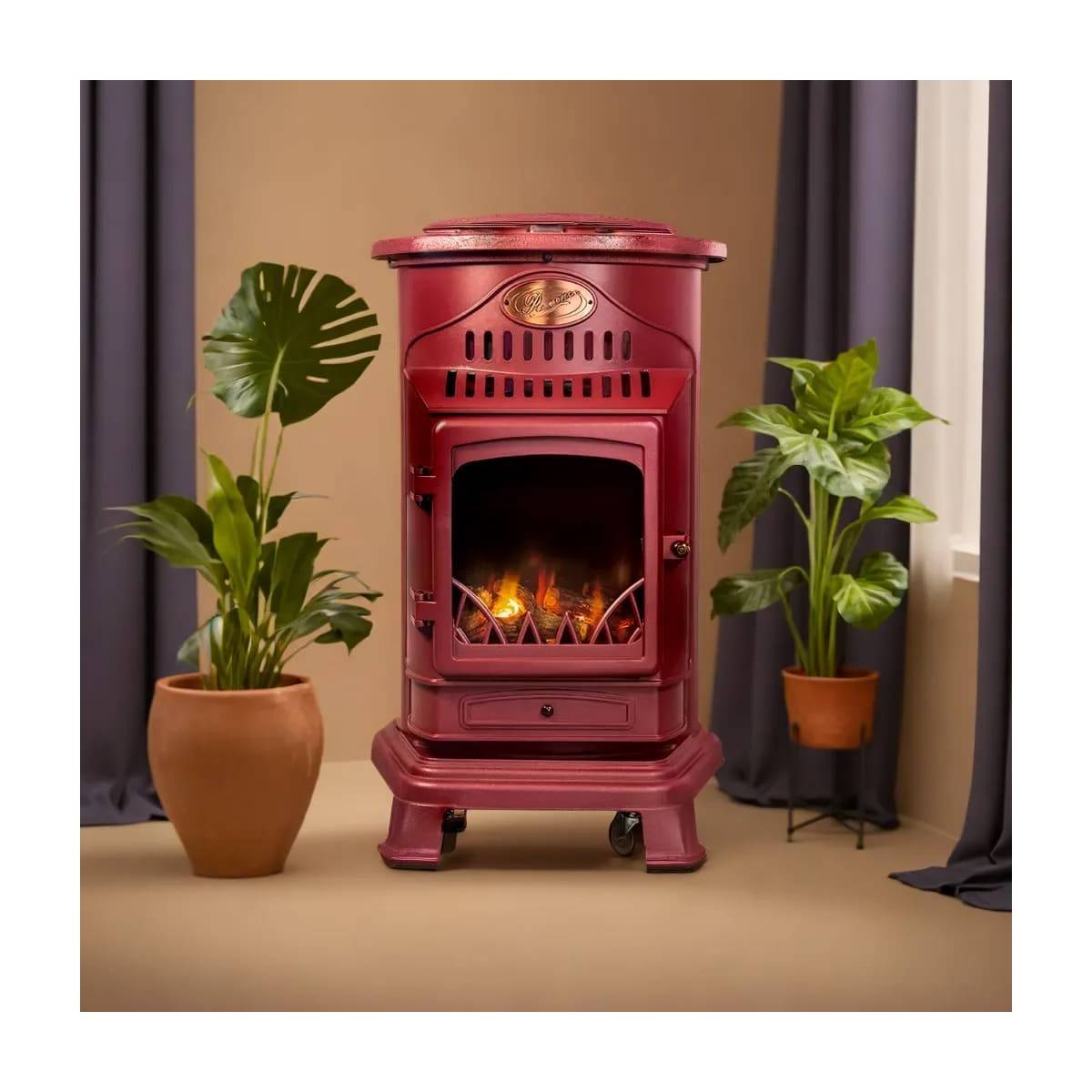 Universal - Poele à gaz 3,4 KW Rouge Effet poêle à bois Fonte véritable + Tuyau gaz + détendeur butane Provence Sahara - Imagen 2
