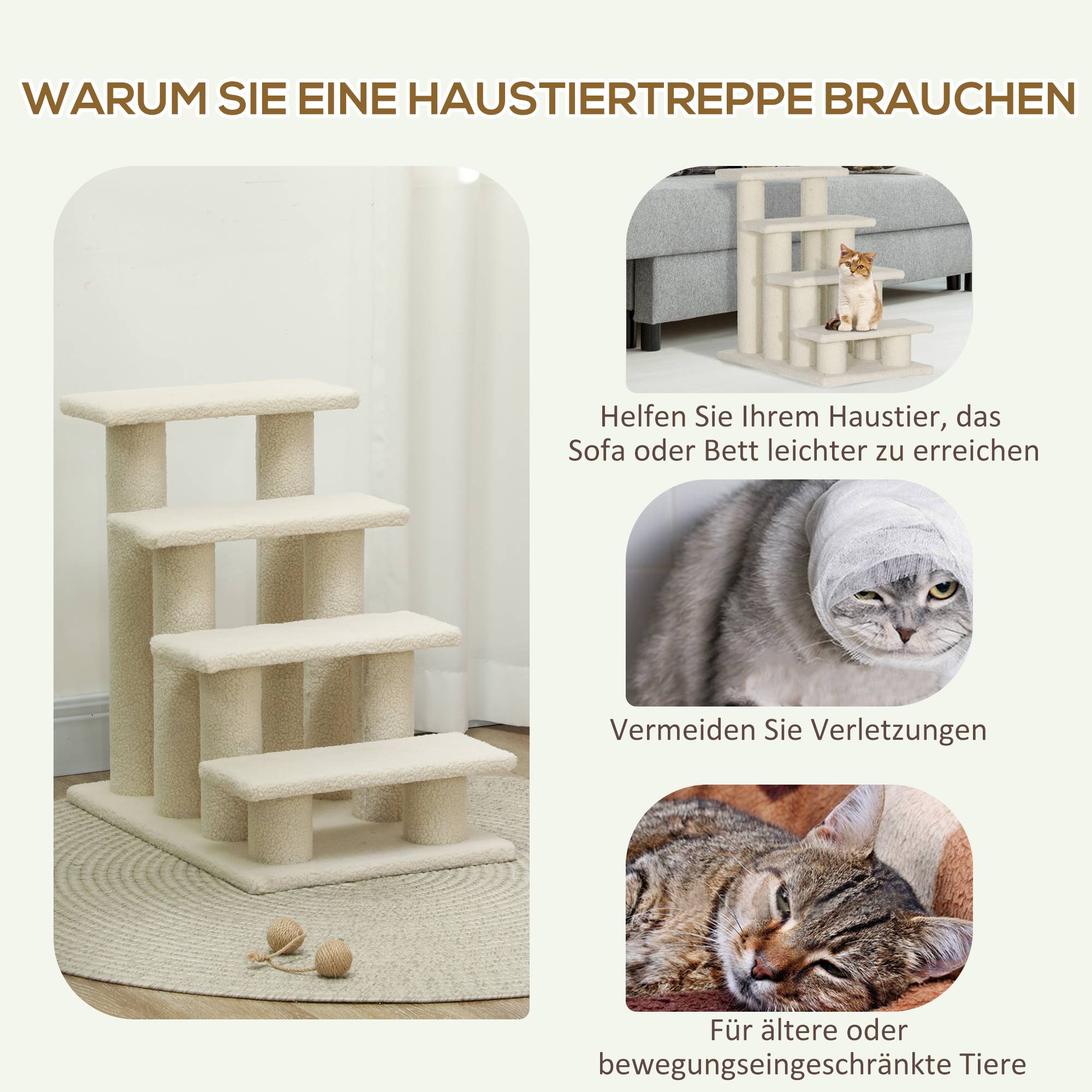 Escalier animaux 4 marches peluche aide montée chat chien blanc crème 60cm - ComfortXL Outdoor Living - Image 7