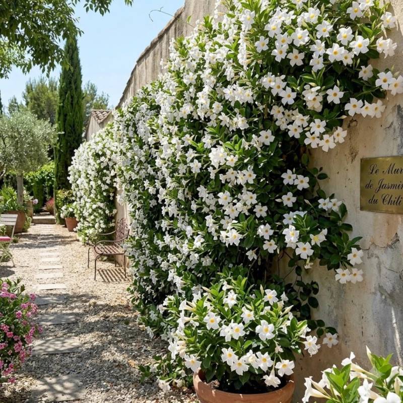 Jasmin du Chili à fleurs Blanche/ - feuillage Caduc - Pot de 3L - Echelle bambou 60/120 cm - Imagen 2