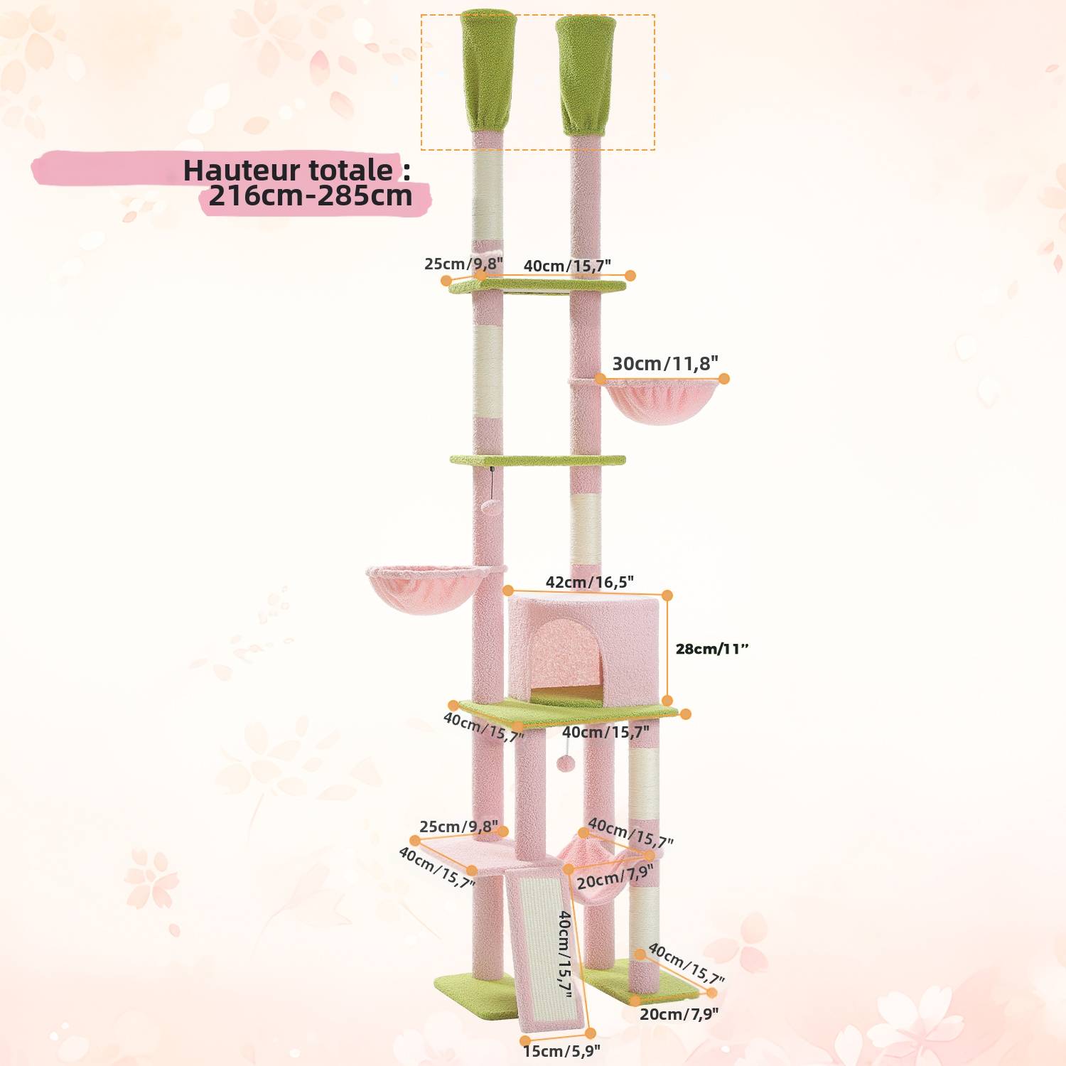 Arbre à Chat du Sol au Plafond avec 2 Poteaux Fleur Rose PAWZ Road - Image 2