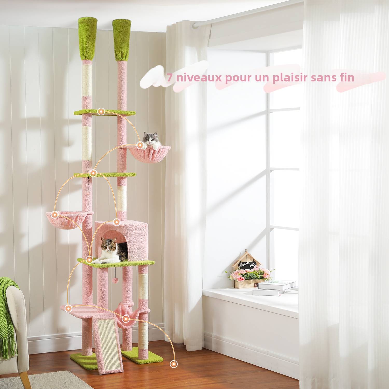 Arbre à Chat du Sol au Plafond avec 2 Poteaux Fleur Rose PAWZ Road - Image 4