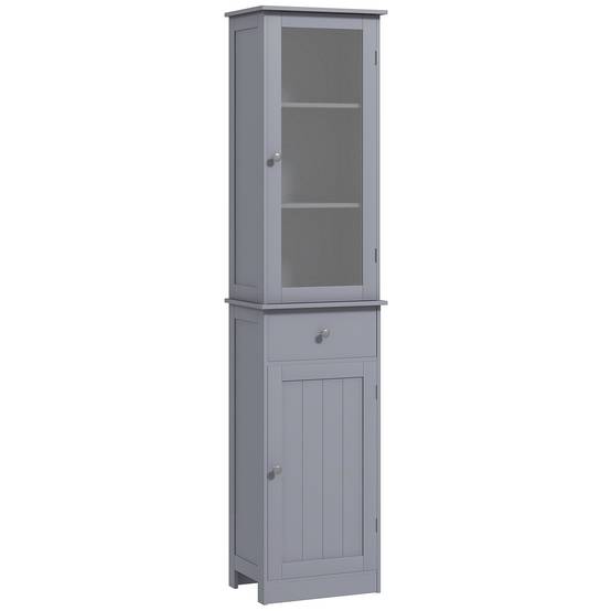 Armoire salle de bain porte acrylique avec 2 étagères et tiroir, meuble rangement vertical MDF gris moderne - Image 1