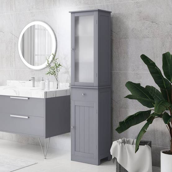 Armoire salle de bain porte acrylique avec 2 étagères et tiroir, meuble rangement vertical MDF gris moderne - Image 4