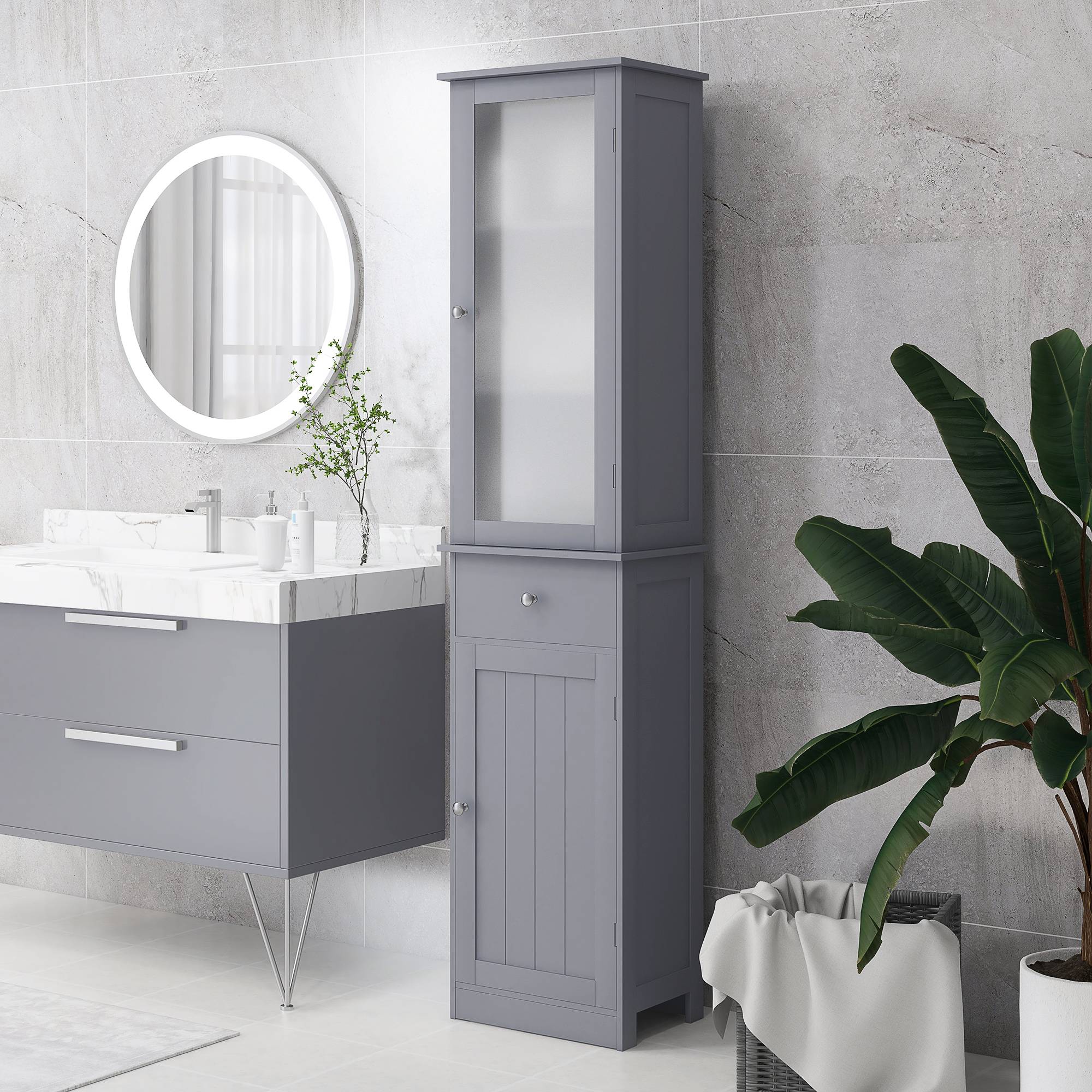Armoire salle de bain porte acrylique avec 2 étagères et tiroir, meuble rangement vertical MDF gris moderne - Image 4