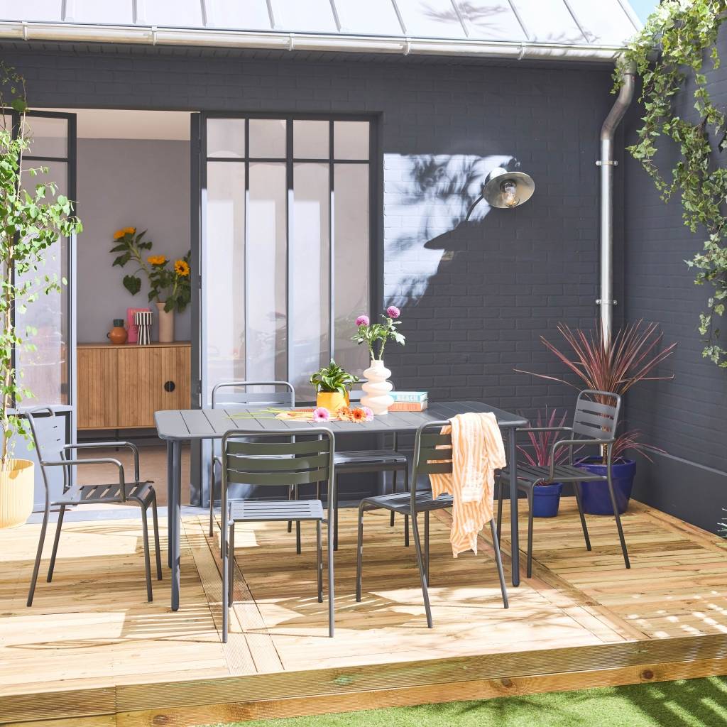 sweeek - Table de jardin métal + 6 assises anthracite. acier traitement anti rouille | sweeek - Image 1