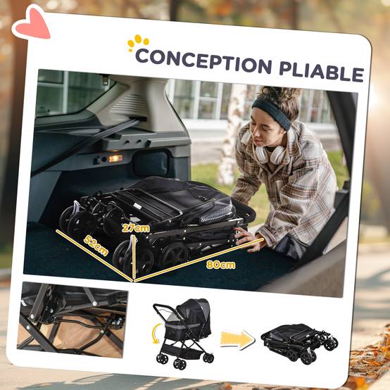 Poussette pour chien animaux de compagnie pliable 4 roues EVA guidon réglable panier 76,5 x 52 x 95 cm - Image 7