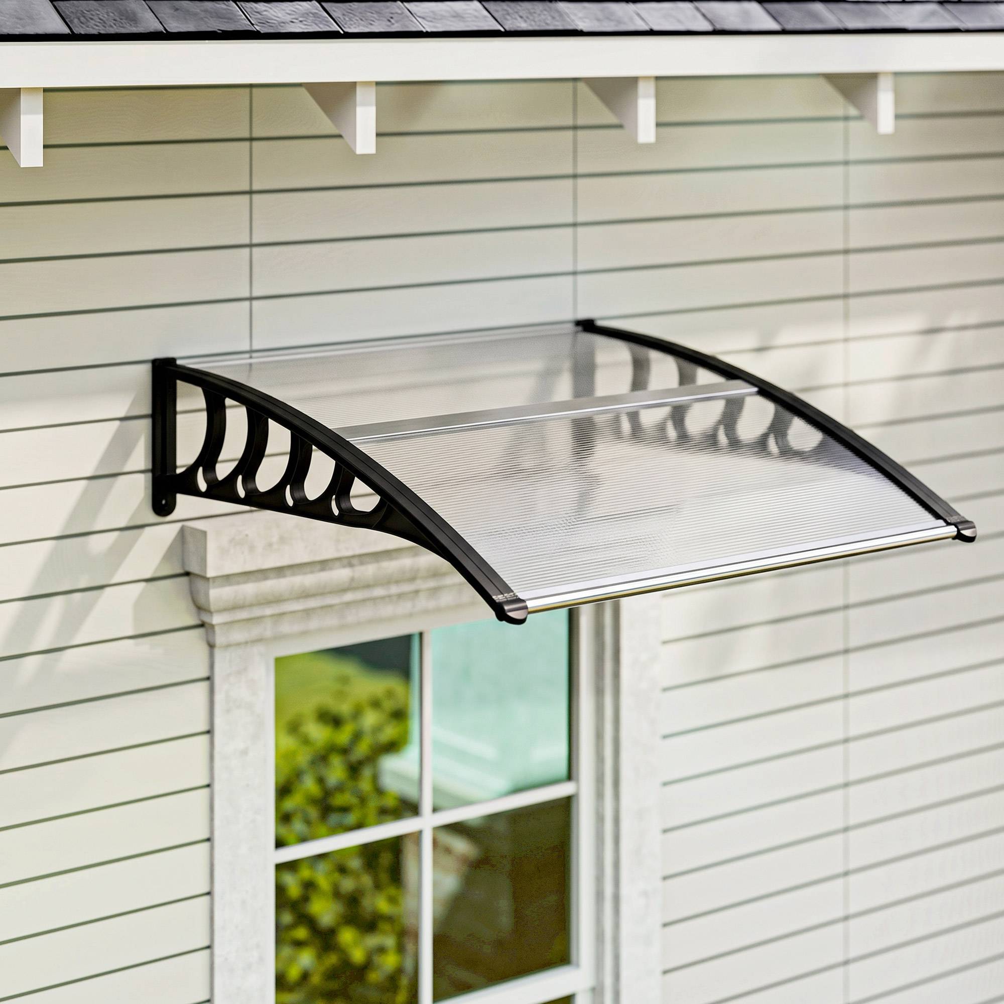 Sans Marque - Auvent pour porte d'entrée/fenêtre, résistant aux intempéries, transparent, tiges de connexion en aluminium/polycarbonate, 103 x 96,5 x 27 cm, noir - Image 4