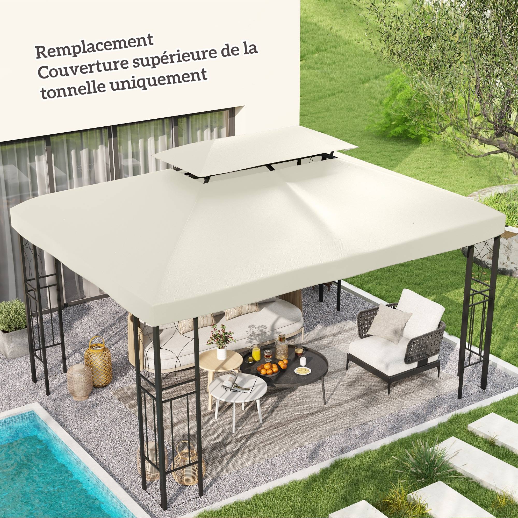 ComfortXL - Toit De Rechange Polyester Tonnelle Terrasse Protection Anti-UV 3x4m Crème - ComfortXL Outdoor Living - Image 3