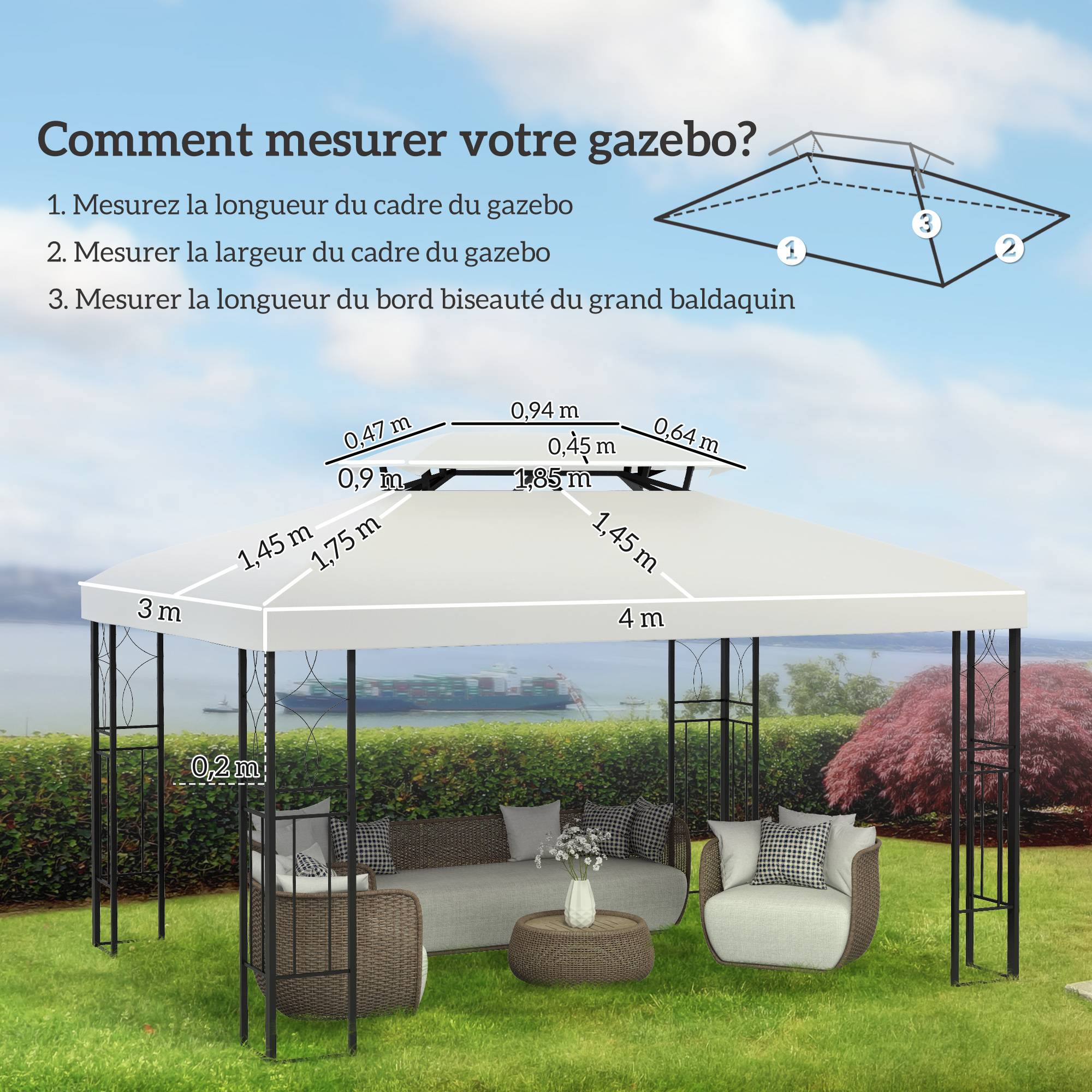 ComfortXL - Toit De Rechange Polyester Tonnelle Terrasse Protection Anti-UV 3x4m Crème - ComfortXL Outdoor Living - Image 5