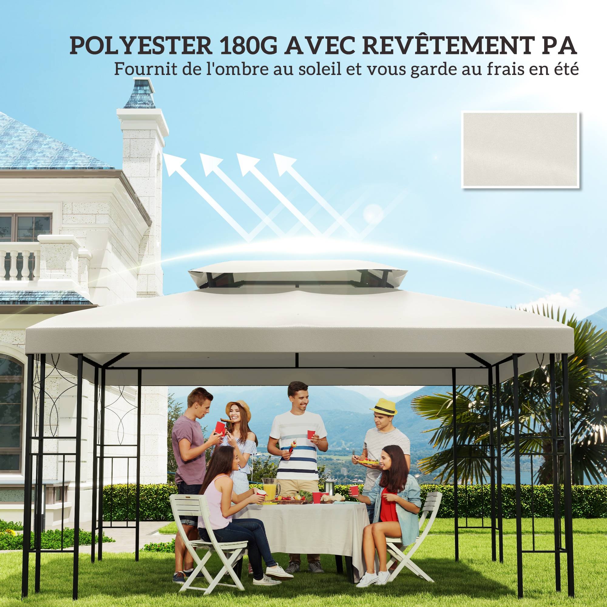 ComfortXL - Toit De Rechange Polyester Tonnelle Terrasse Protection Anti-UV 3x4m Crème - ComfortXL Outdoor Living - Image 8