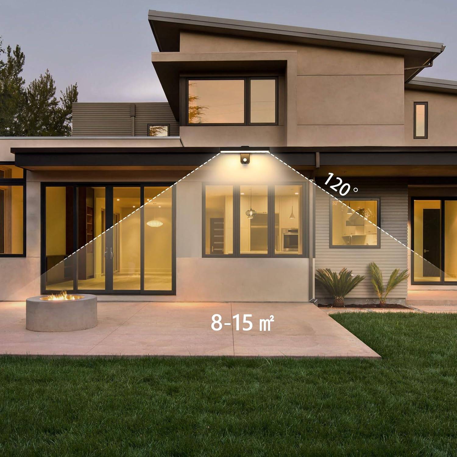8 in 1 - Applique murale extérieure avec détecteur de mouvement 21 W IP65 Noir, éclairage LED orientable à 350°, 3000 K, idéale pour terrasse. - Image 4