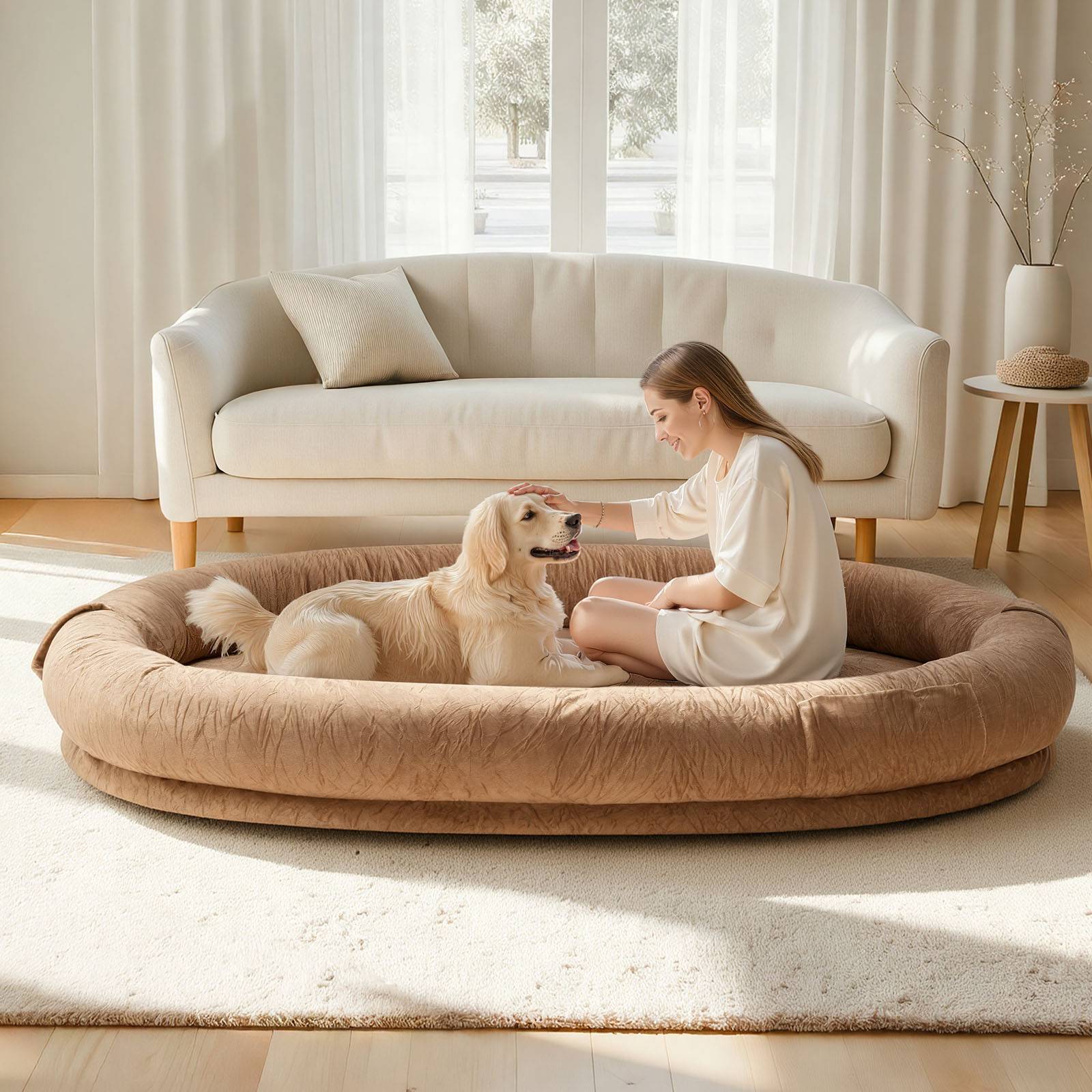 Vevor - VEVOR Lit géant pour humain et chien 177x123x24 cm, mousse à mémoire orthopédique, housse amovible lavable, poche latérale, marron. - Image 8