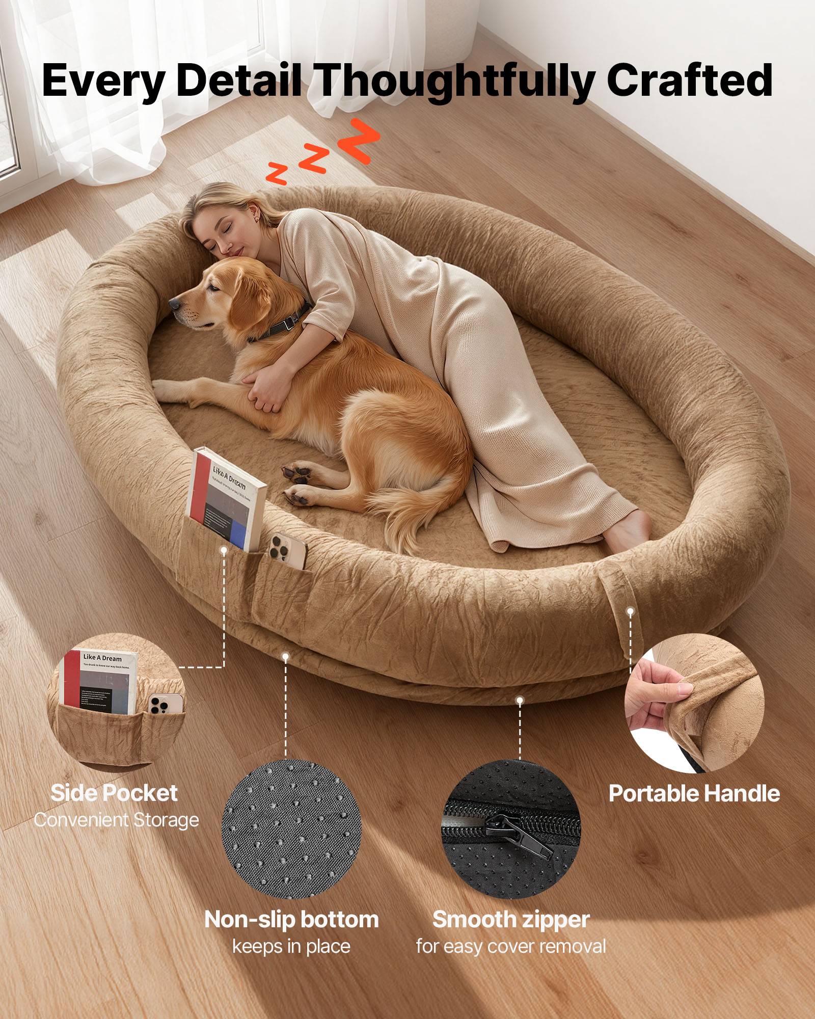 Vevor - VEVOR Lit géant pour humain et chien 177x123x24 cm, mousse à mémoire orthopédique, housse amovible lavable, poche latérale, marron. - Image 4