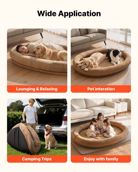 Vevor - VEVOR Lit géant pour humain et chien 177x123x24 cm, mousse à mémoire orthopédique, housse amovible lavable, poche latérale, marron. - Image 5