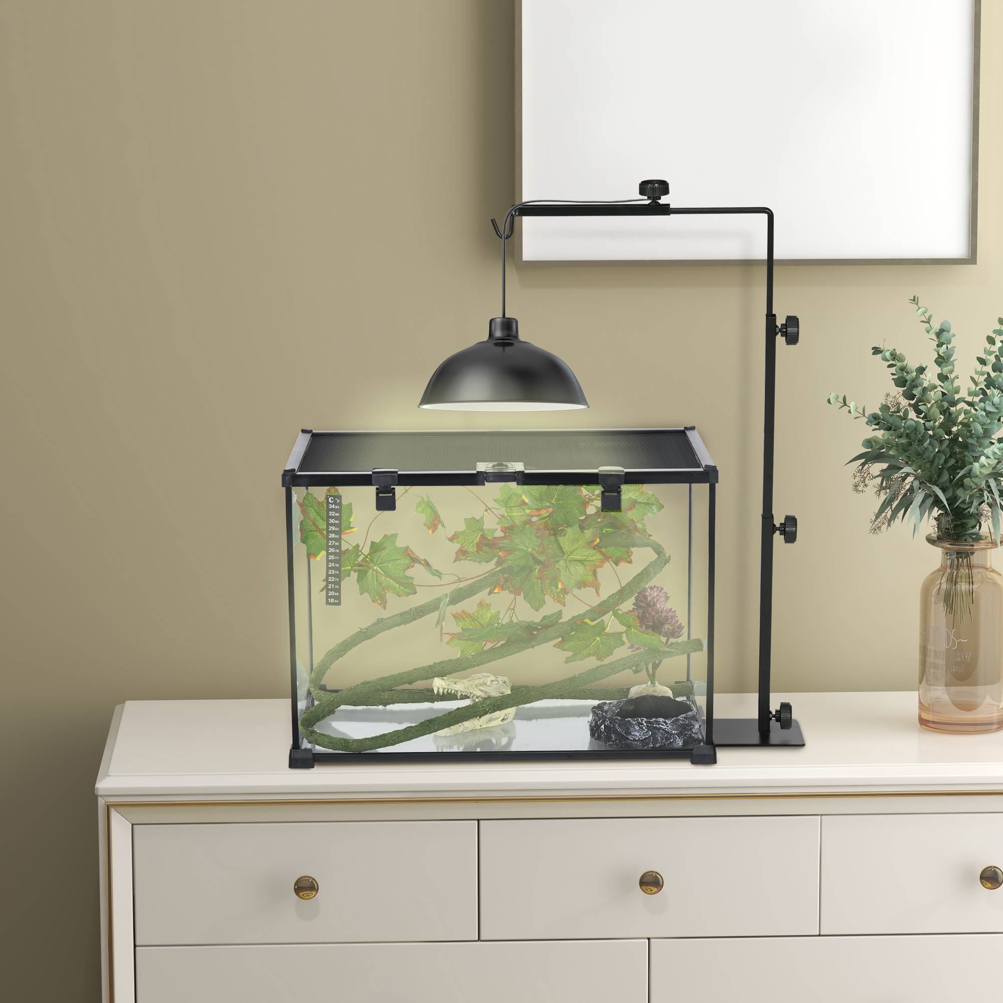 ComfortXL - Support lampe chauffante acier noir 40 x 15 x 95 cm pour terrarium réglable avec base stable et passe-câbles - Image 1