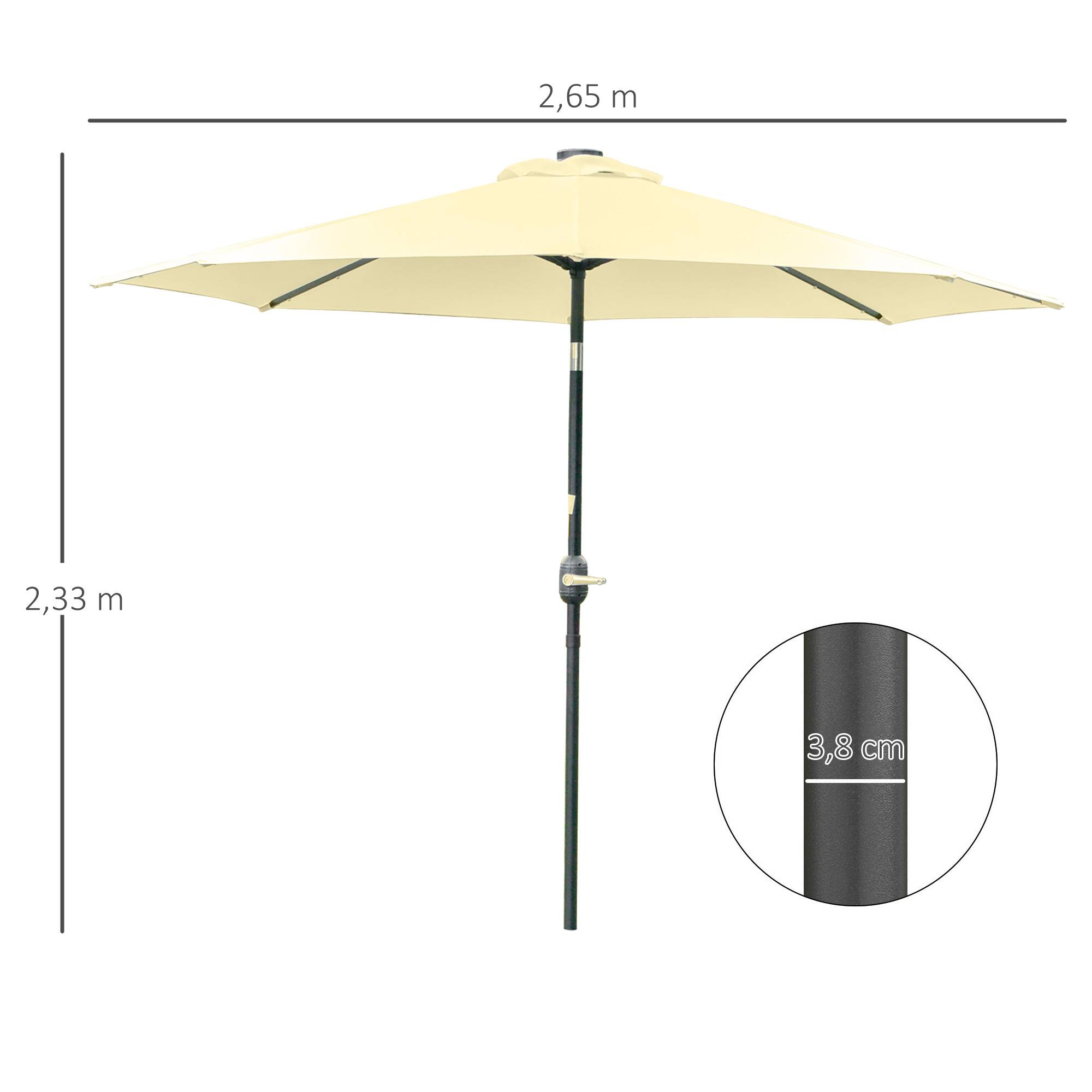 Parasol de terrasse extérieur Ø265 cm avec 32 lumières LED solaires, mât en acier et manivelle, inclinable, beige - Image 5