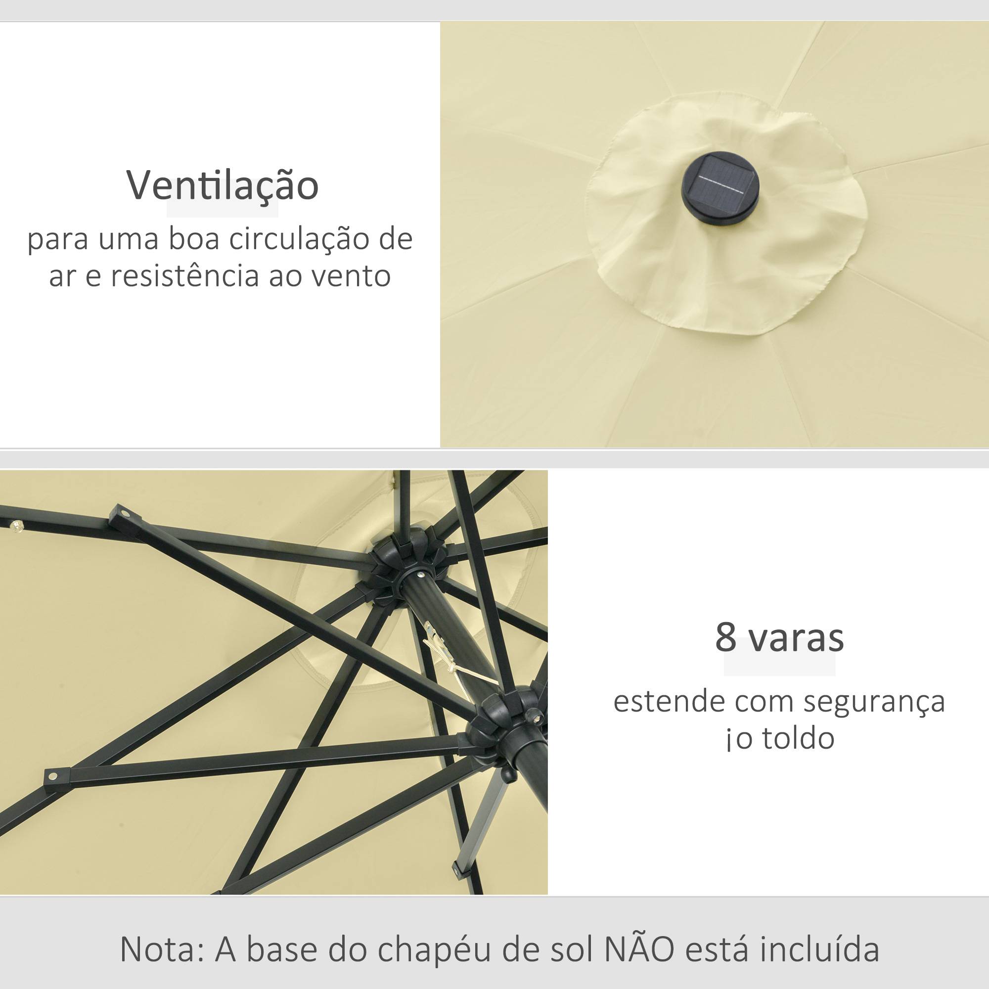 Parasol de terrasse extérieur Ø265 cm avec 32 lumières LED solaires, mât en acier et manivelle, inclinable, beige - Image 7