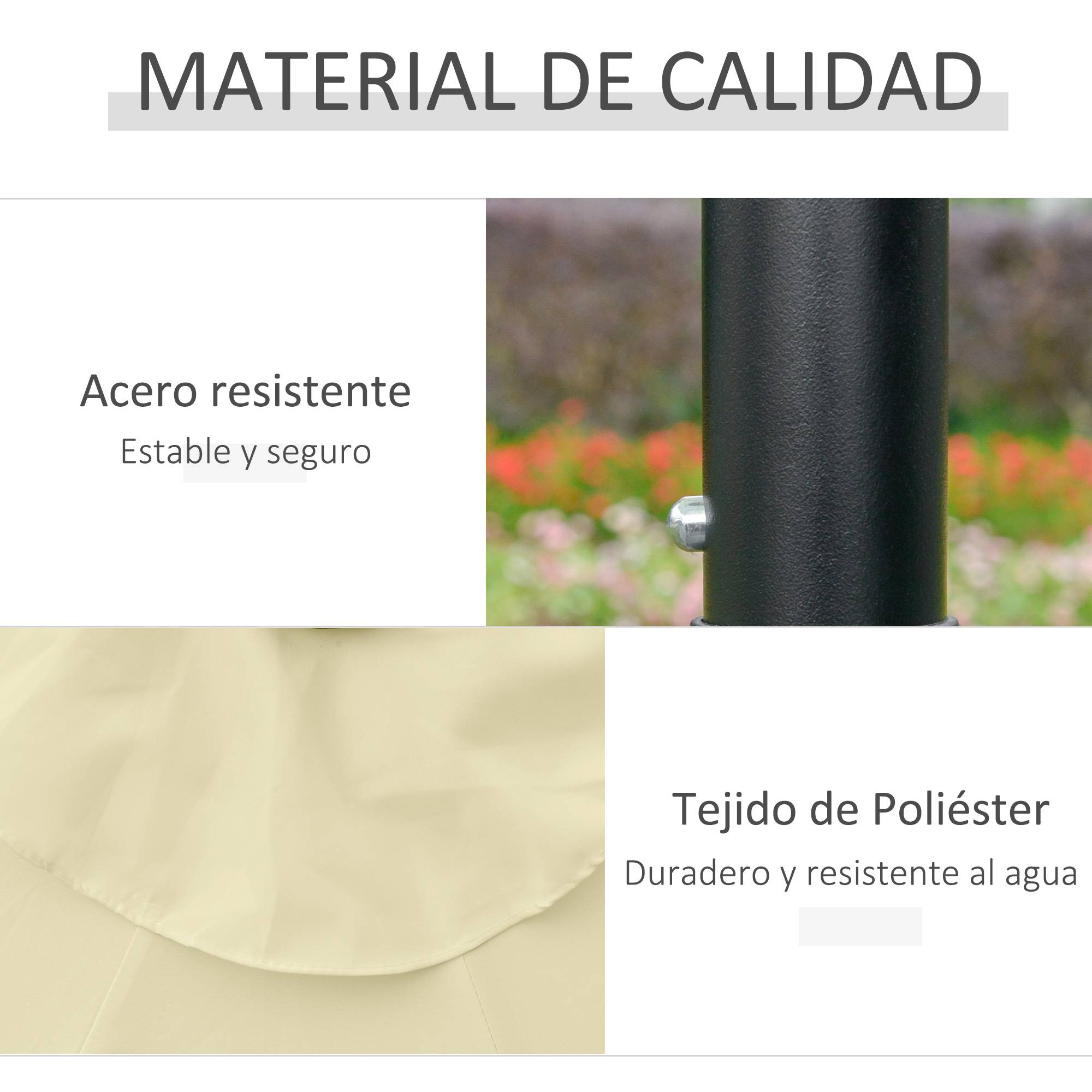 Parasol de terrasse extérieur Ø265 cm avec 32 lumières LED solaires, mât en acier et manivelle, inclinable, beige - Image 8