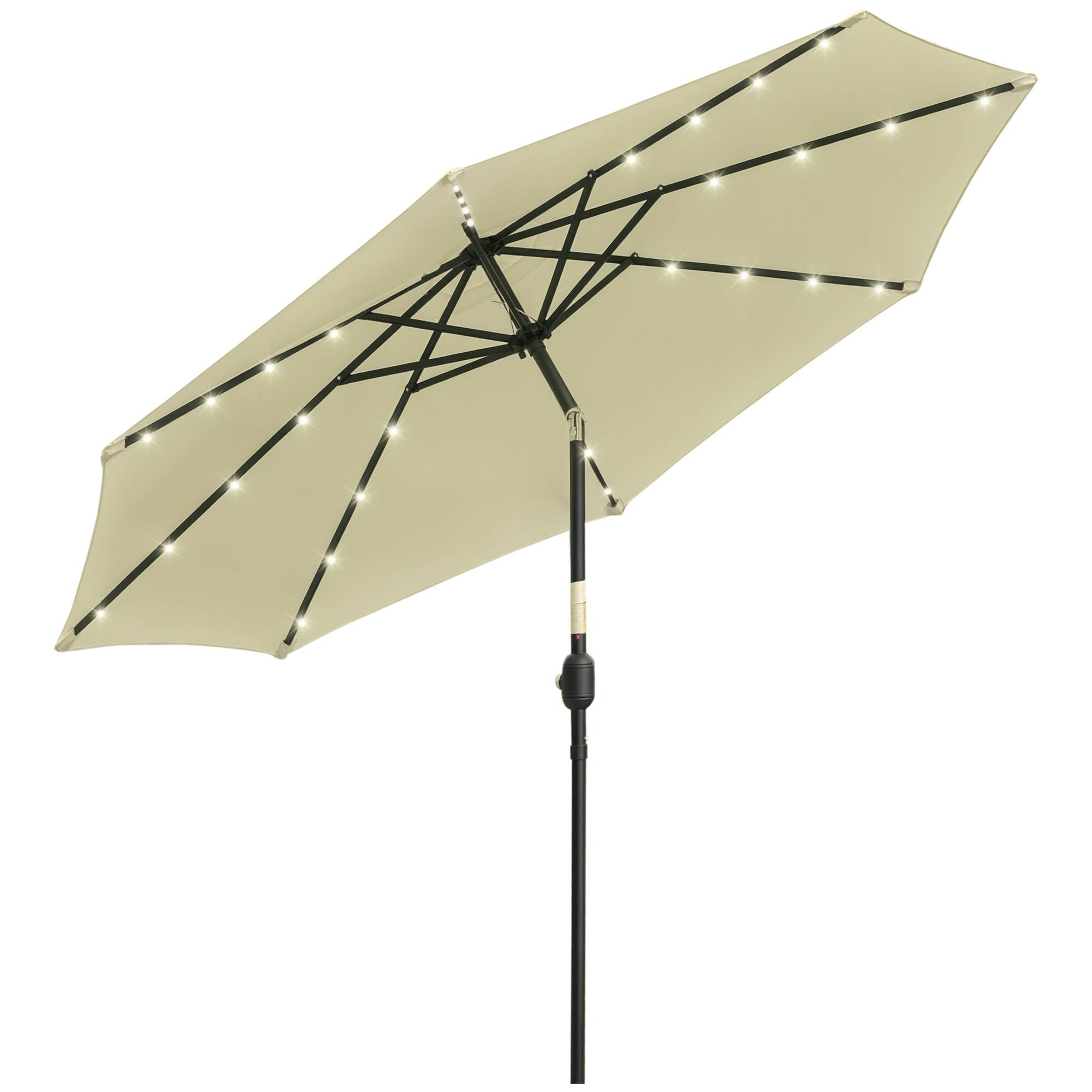 Parasol de terrasse extérieur Ø265 cm avec 32 lumières LED solaires, mât en acier et manivelle, inclinable, beige
